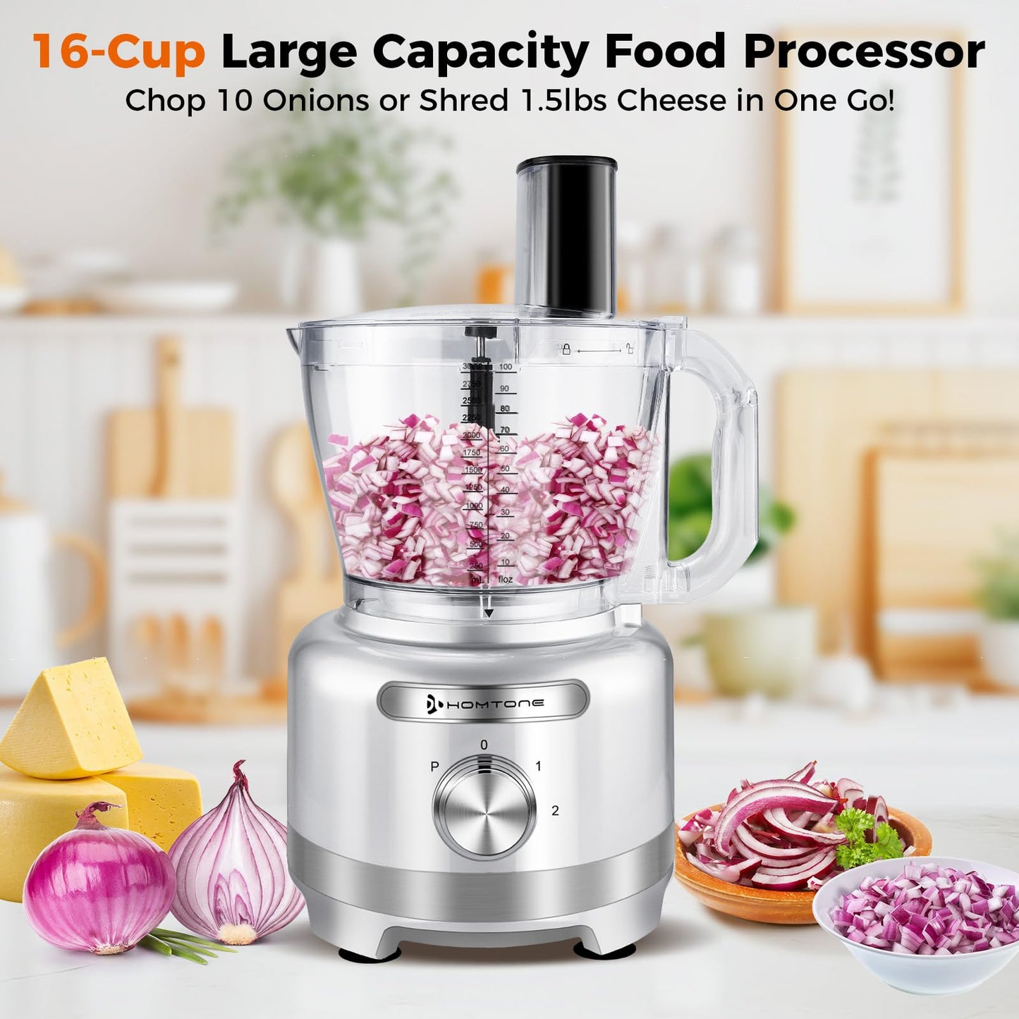 Homtone 16 Cup Food Processor, 9 Functions 7 Blades 3 Speeds for Shredding, Slicing, Doughing, Emulsfying and Meat Vegetable Chopping for Home Use, 600W (Sliver)