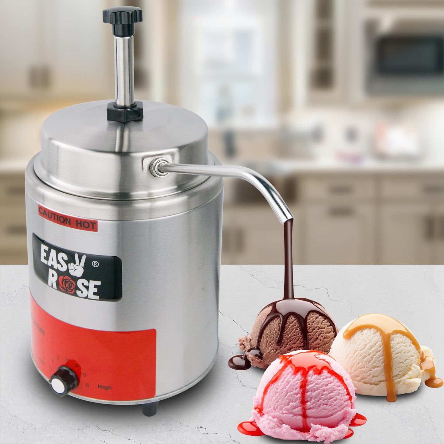 EASYROSE Commercial Electric Nacho Cheese Warmer with Pump - 3.5Qt Stainless Steel Hot Fudge & Cheese Dispenser for Butter, Caramel, Sauce - 120V, 550W