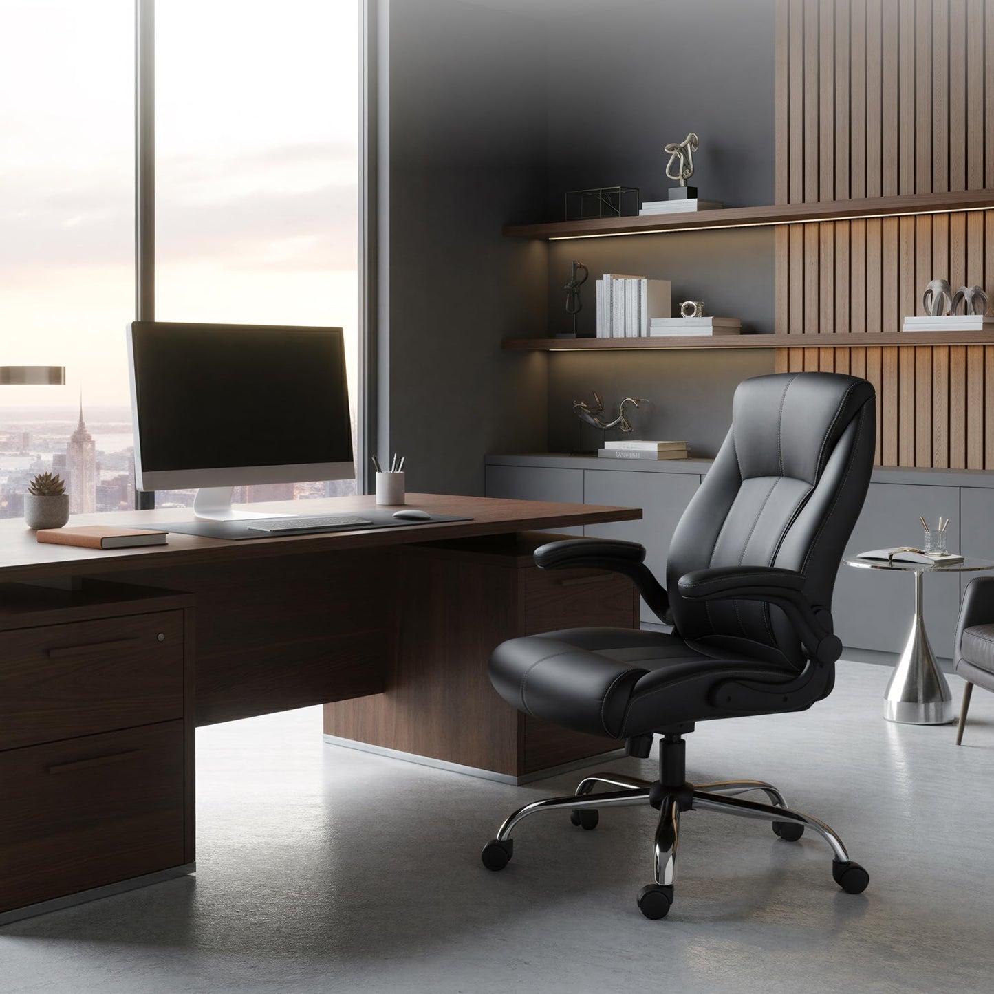 FAMSINGO Big and Tall Office Chair for Heavy People, 500LBS High Back Extra Wide Executive PU Leather Office Chair with Flip-Up Armrests, Quiet Rubber Wheels, Comfortable Home Office Desk Chair