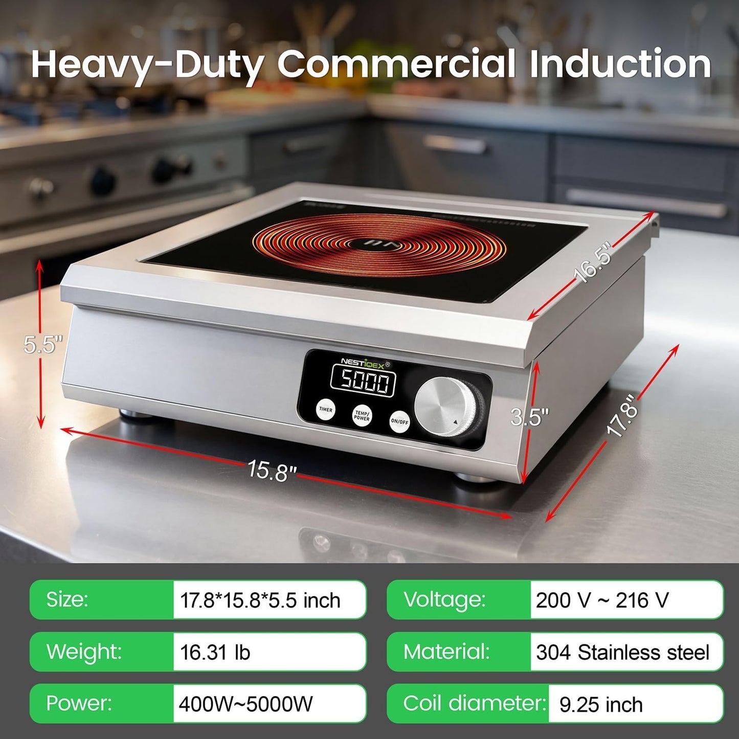 5000W Commercial Induction Cooktop, NESTIQEX 208V 3-Phase Large Induction Burner with 20 Power & Temp Levels, 9" Large Coil, 24h Timer, Pro Electric Countertop Burners for Restaurant