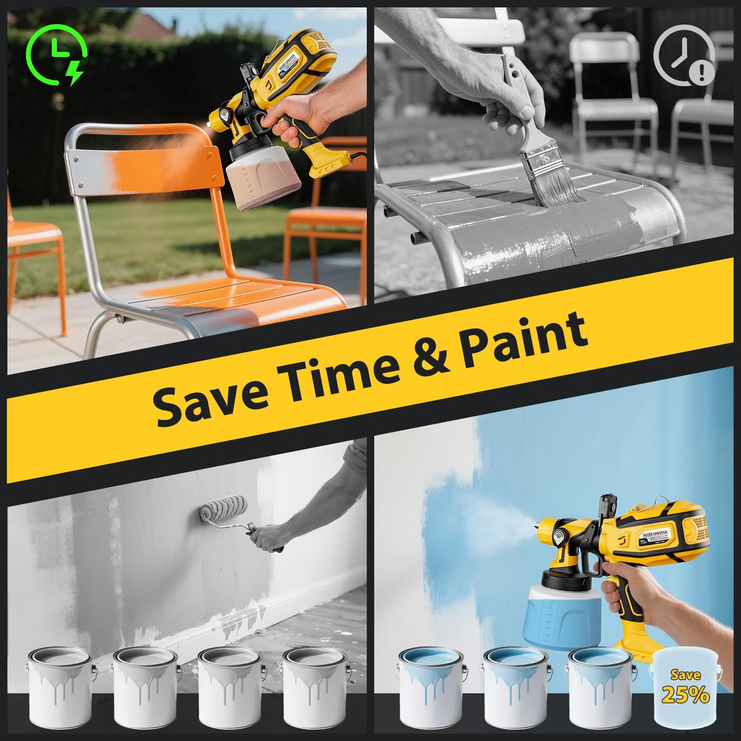 Paint Sprayer for House Painting, Paint Sprayer with 1000W Powerful Copper Motor, 1400ml (47oz) Container, 6 Brass Nozzles & LED Light, Easy to Clean for House, Fence, Furniture, Walls, DIY, Garden