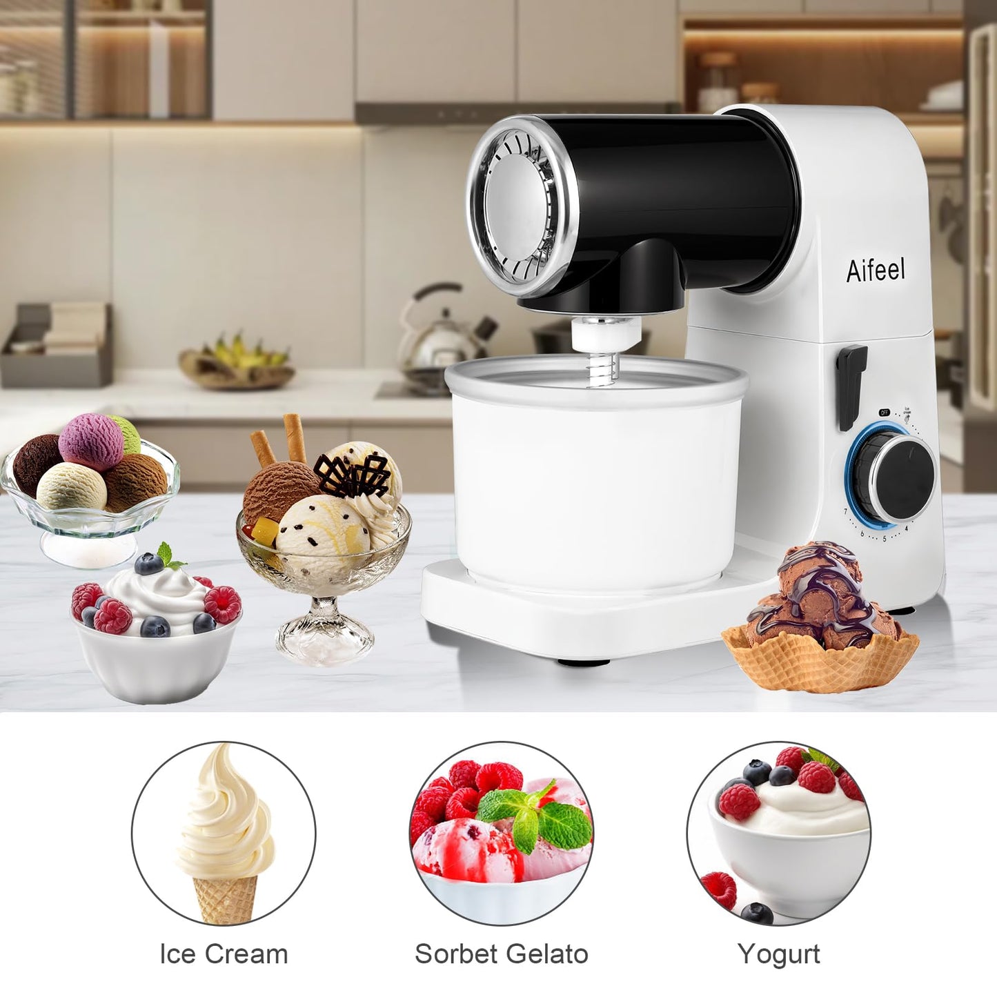Aifeel Stand Mixer, 6.5QT Mixer with Ice Cream Maker Attachments, Kitchen Electric Mixer Multifunctional Bread Dough Mixer with Dough Hook,Whisk & Beater, Food Mixer for Baking (Black-White)