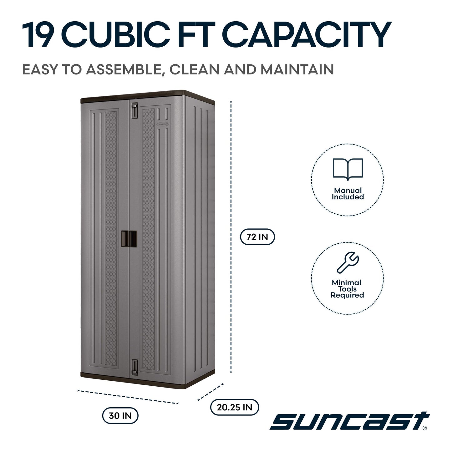 Suncast Tall Storage Cabinet, Platinum Resin Garage Storage Cabinet with Doors & Shelves, Lockable, Freestanding Utility Closet for Tools & Supplies, Made in USA