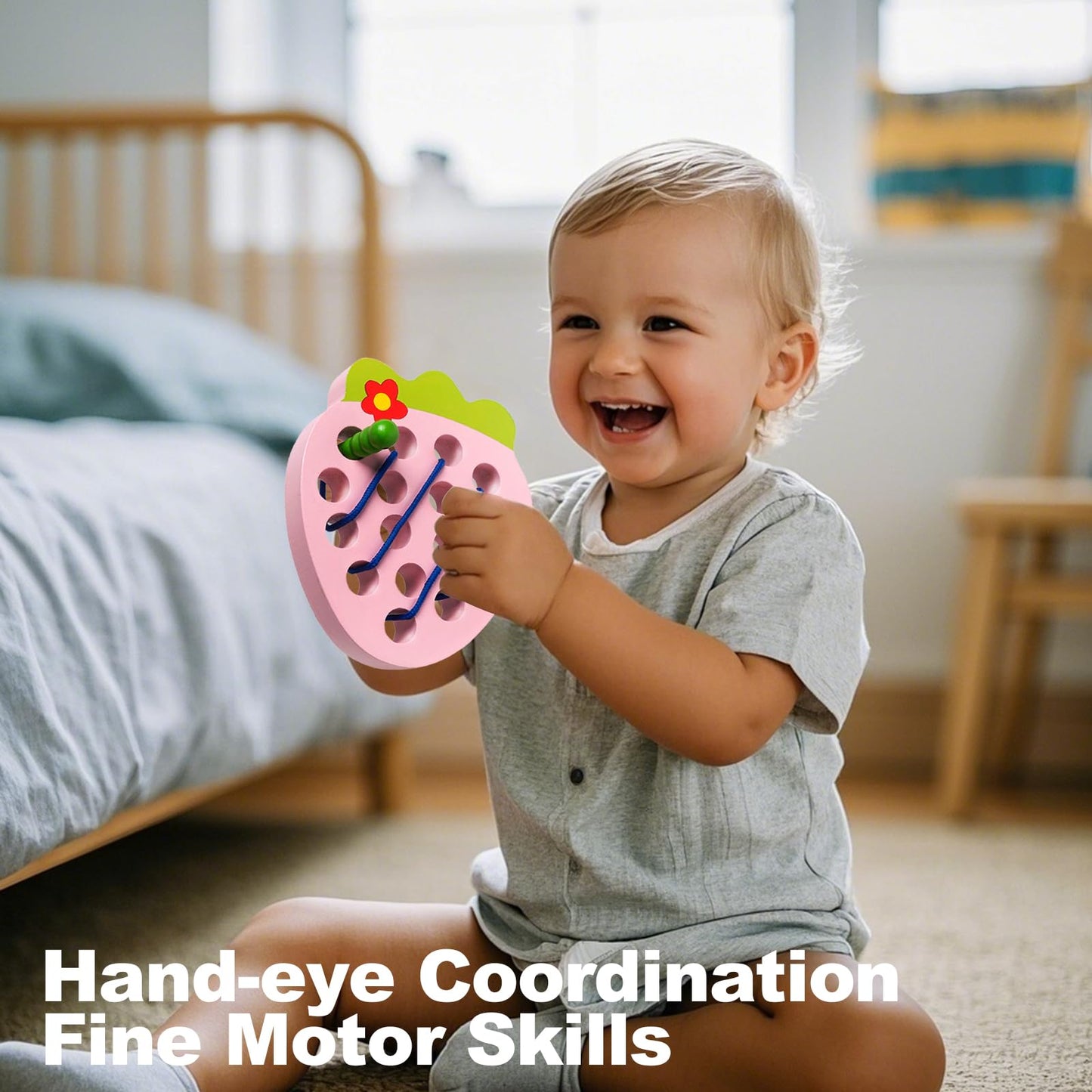 NAODONGLI Wooden Lacing Toys for Toddlers, Baby Toys Strawberry Threading Learning Fine Motor Skills,Montessori Sensory Educational Wooden Block Puzzle Travel Gift for 3 Years Old Baby Boys Girls