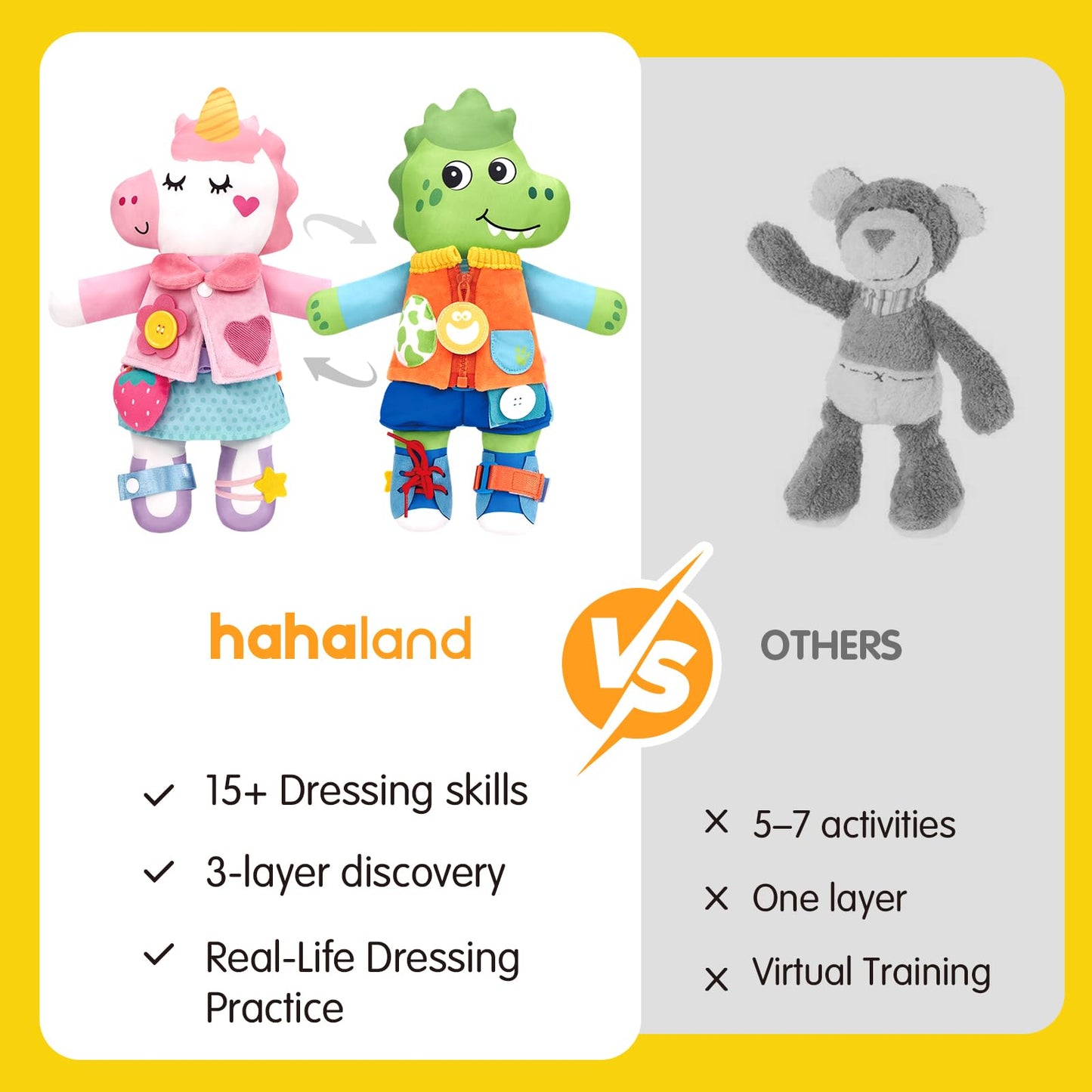 hahaland 2-in-1 Montessori Plush Busy Doll for Toddlers 1-3, Reversible Unicorn & Dinosaur Educational Learn to Dress Doll with 15+ Buckle, Snap & Dressing Skills, Toddler Gifts for 2 Years and Ups