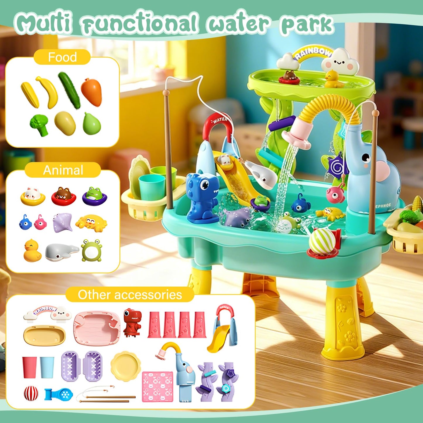 NOPROB 2027 Upgraded Toddlers 1-3 Sand Water Table Toy with Electric Pump, Kids Sand Water with Faucet/Play Food Accessories/Fishing Toy, Kitchen Play Sink Toys for Girl Boy Age 3+ (Blue)