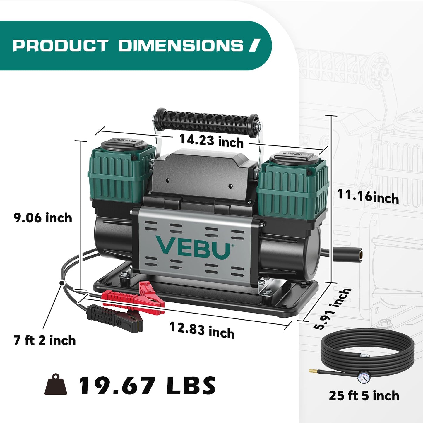 VEBU Heavy Duty Air Compressor 12V Tire Inflator, Dual Cylinder 125PSI with In-line Pressure Gauge, 10.6CFM Fast Inflation for Off-road Vehicles, Trucks, SUVs, RVs, ATVs, DC Power, Corded Electric