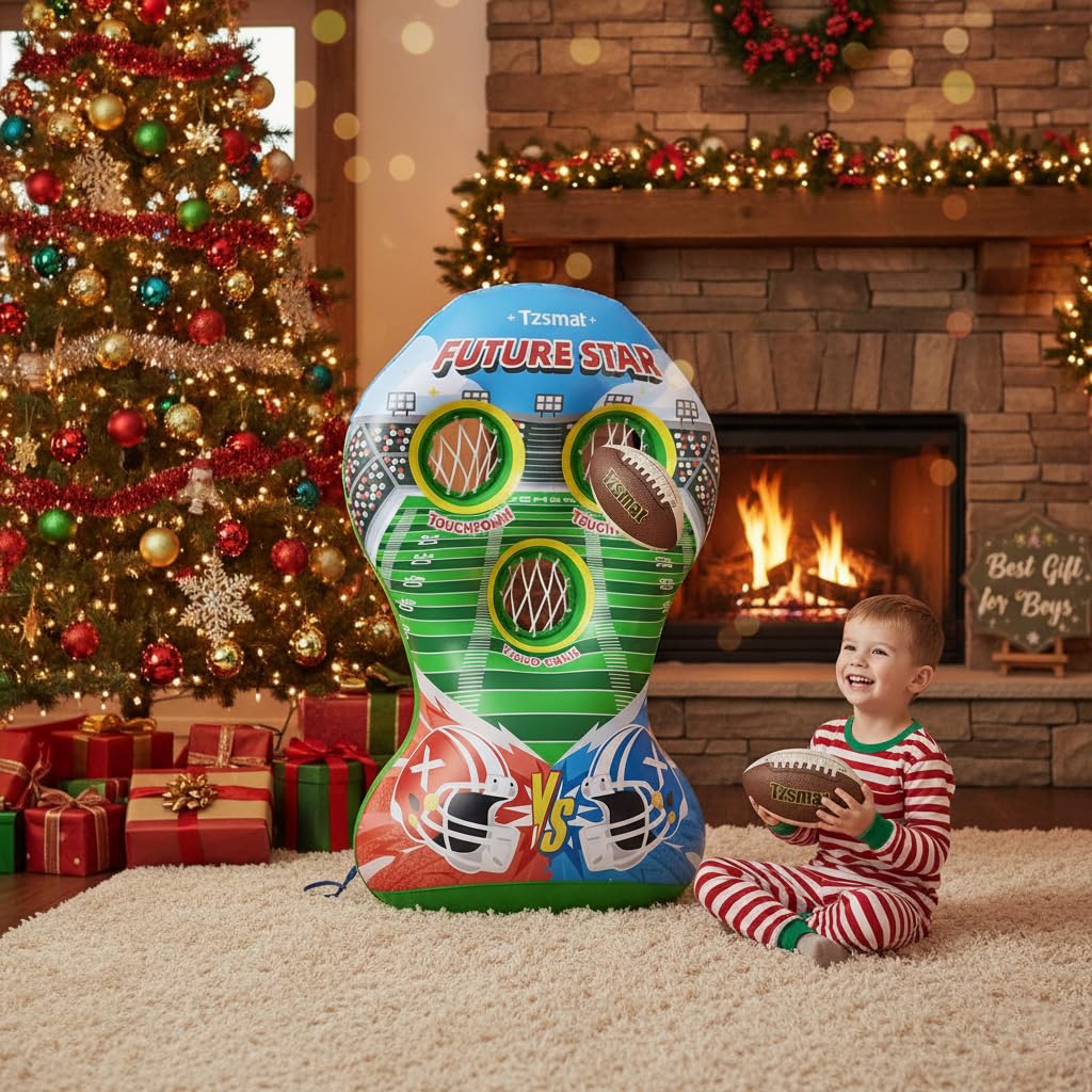 52" Inflatable Football Target Toss Game for Kids - Large Indoor Outdoor Party Games & Football Toys with 2 Laced Footballs & Pump - Quarterback Training Sports Gifts for Boys Ages 3 4 5 6 7 8-12