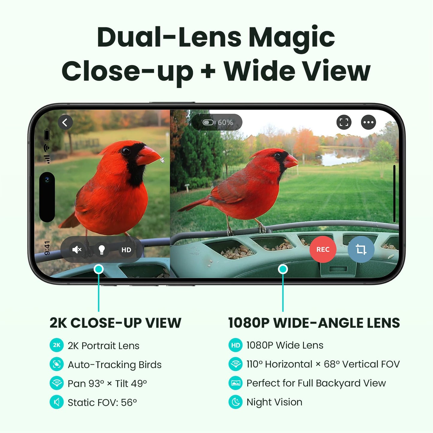 Birdfy 2 Smart Bird Feeder with Camera, Dual-Lens (2K+1080P) Camera for Live Streaming & Close-Up Photos, AI Identifies Bird Species, Solar-Powered Backyard Birdwatching Gift