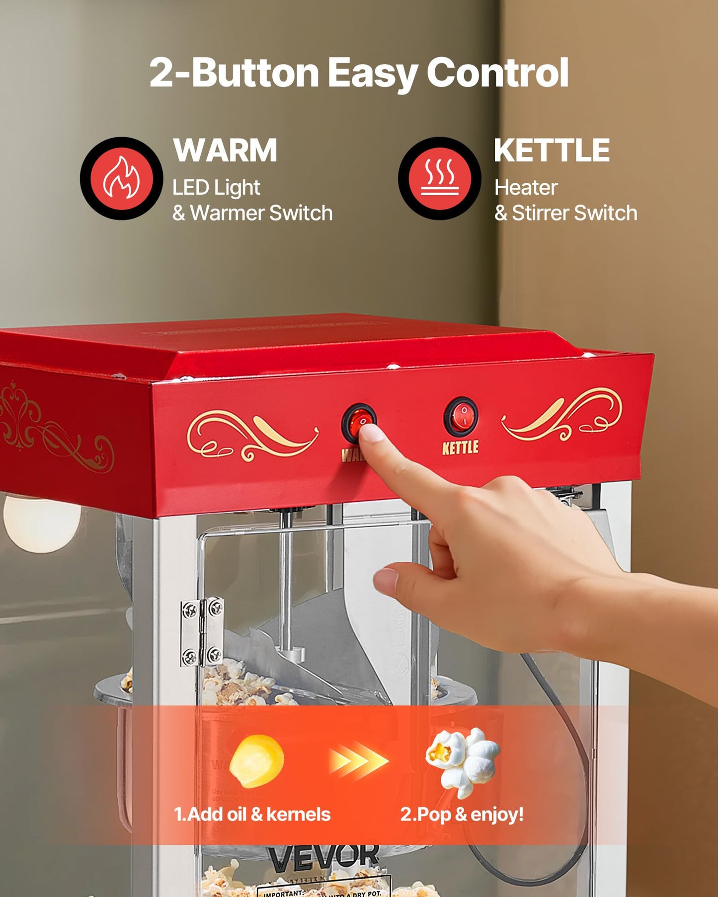 VEVOR Popcorn Machine, 8oz Stainless Steel Kettle, 800W Commercial Countertop Popcorn Maker, 48 Cups per Batch Theater Style Popper, with 2-Button Control Glass Wall PC Door 1 Scoop 3 Spoons, Red