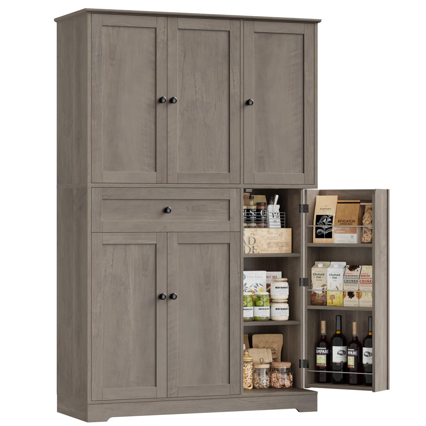 HOSTACK 68" Tall Kitchen Pantry Storage Cabinet, Modern Kitchen Hutch Cabinet with Doors and Shelves, Freestanding Food Pantry with Large Storage Drawer for Dining Room, Living Room, Ash Gray