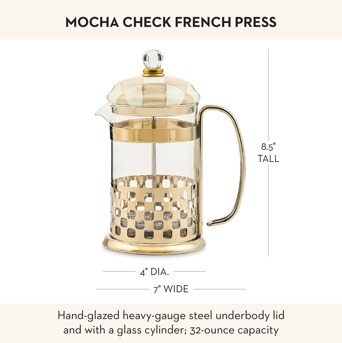 MACKENZIE-CHILDS Coffee French Press, Glass French-Press Coffee Maker, 32-Ounce Capacity, Brown-and-White Mocha Check