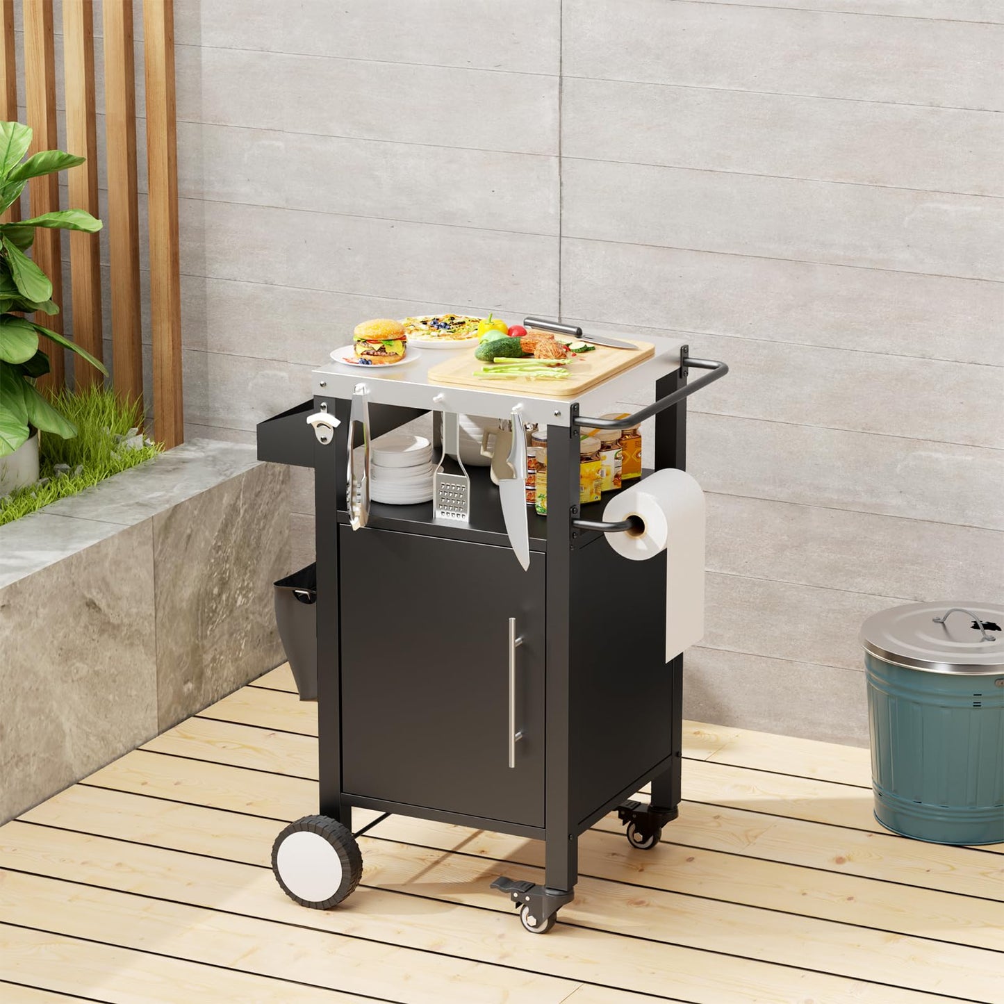 Outdoor Rolling Bar Cart Grill Cart, Outdoor Serving Carts Grill Table Storage Cabinet, Rolling Bar Cart Outdoor BBQ Cart with Hooks and Spice Rack for Grilling Accessories, Black (1 Door)