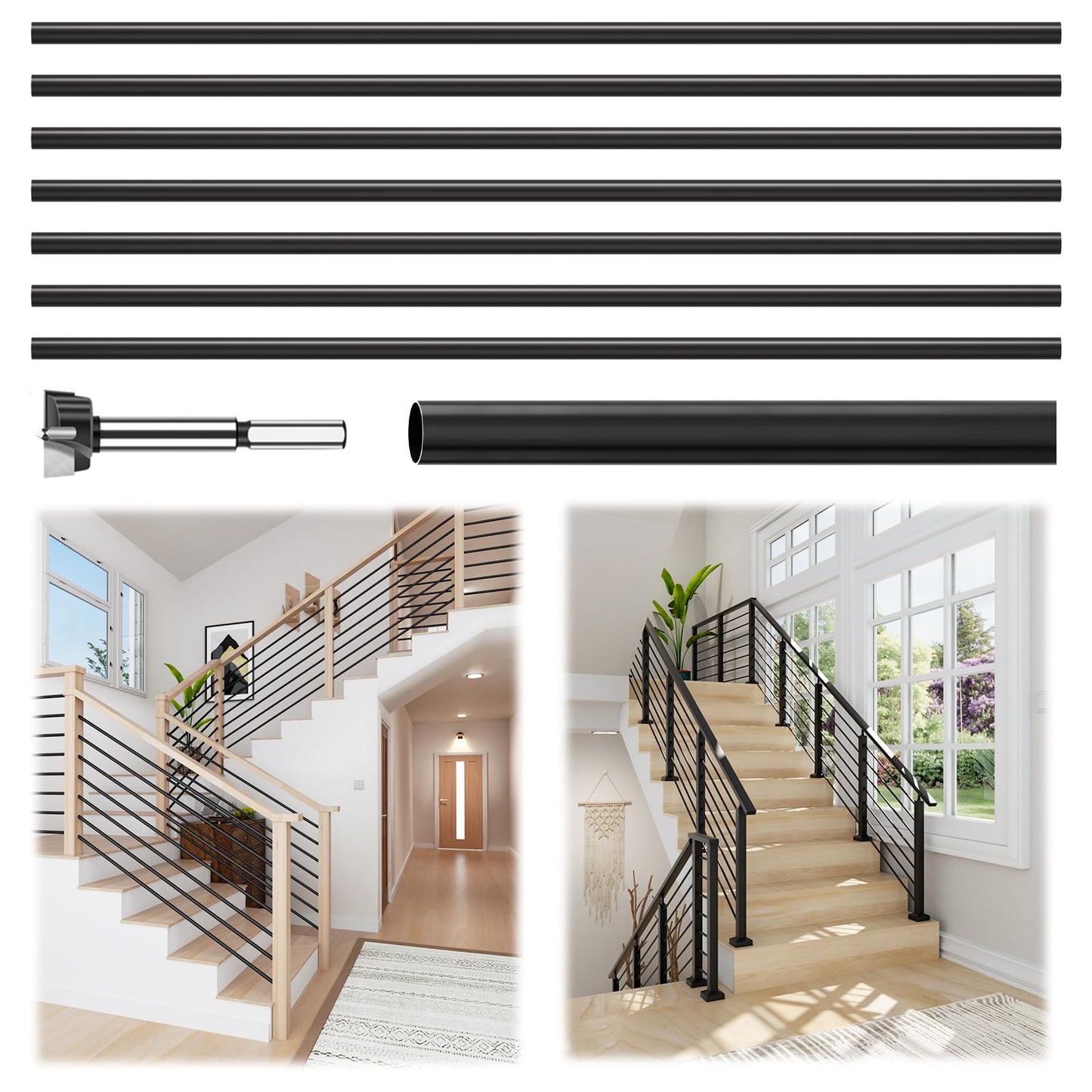 7 Pack 6 FT x 35/64 inch Iron Stair Balusters with 14mm Wood Drill Bit, Matte Black Hollow Horizontal Interior Baluster, Stair Railing Spindles for Indoor Staircase