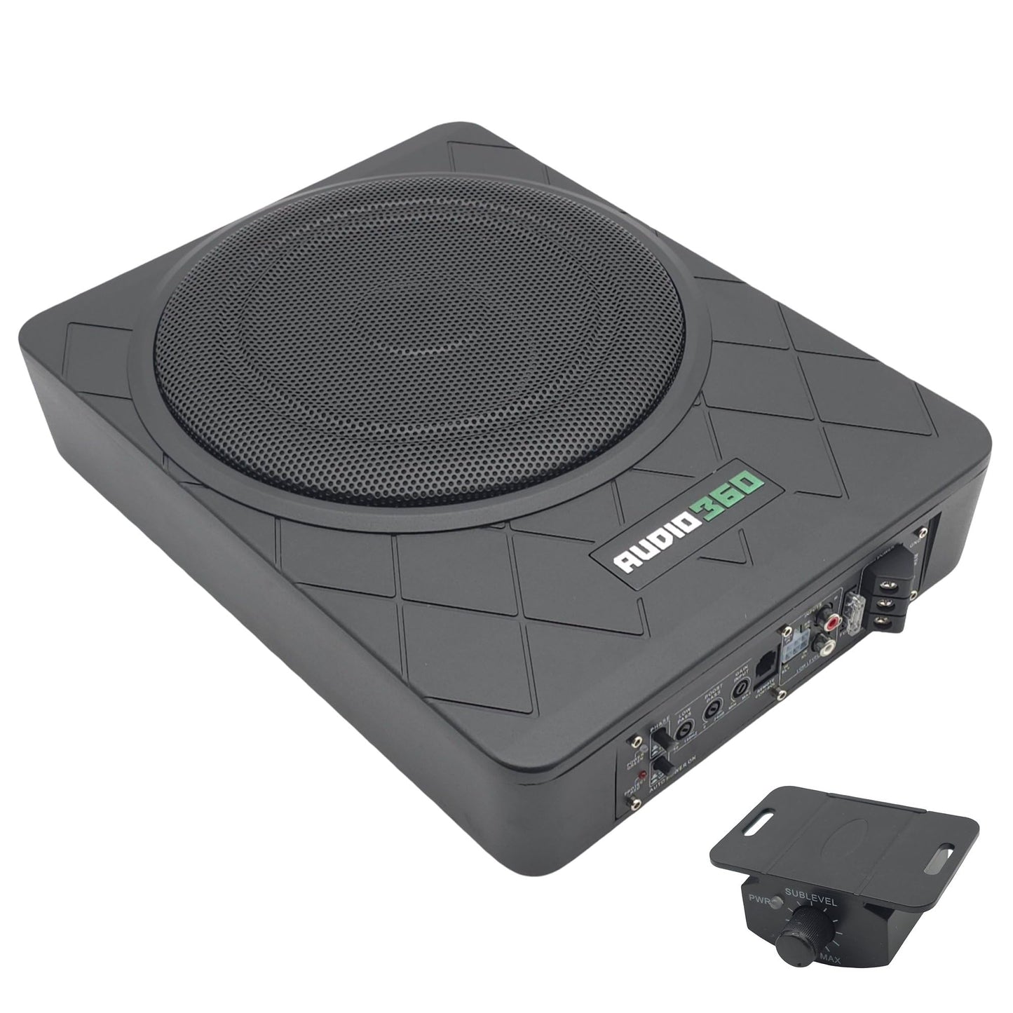 AUDIO360 AD1500US - 1500W 10-Inch Amplified Subwoofer, Under Seat, Adjustable Low Pass Filter, Bass Boost Control, Compact Design - Perfect for Car Audio Systems