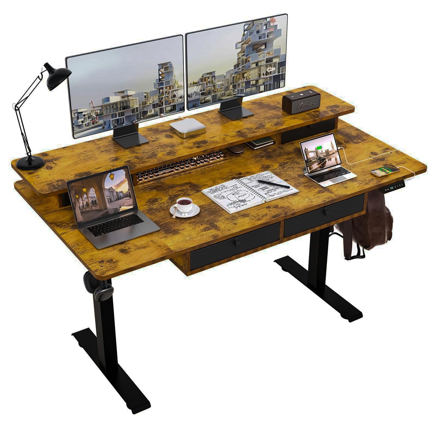 ExaDesk Electric Standing Desk, 63 * 30 Inches Adjustable Height with 4 Drawers, Double Storage Shelves Stand Up Desk, Home Office Workstation Sit Stand up Desk (Rustic Brown)