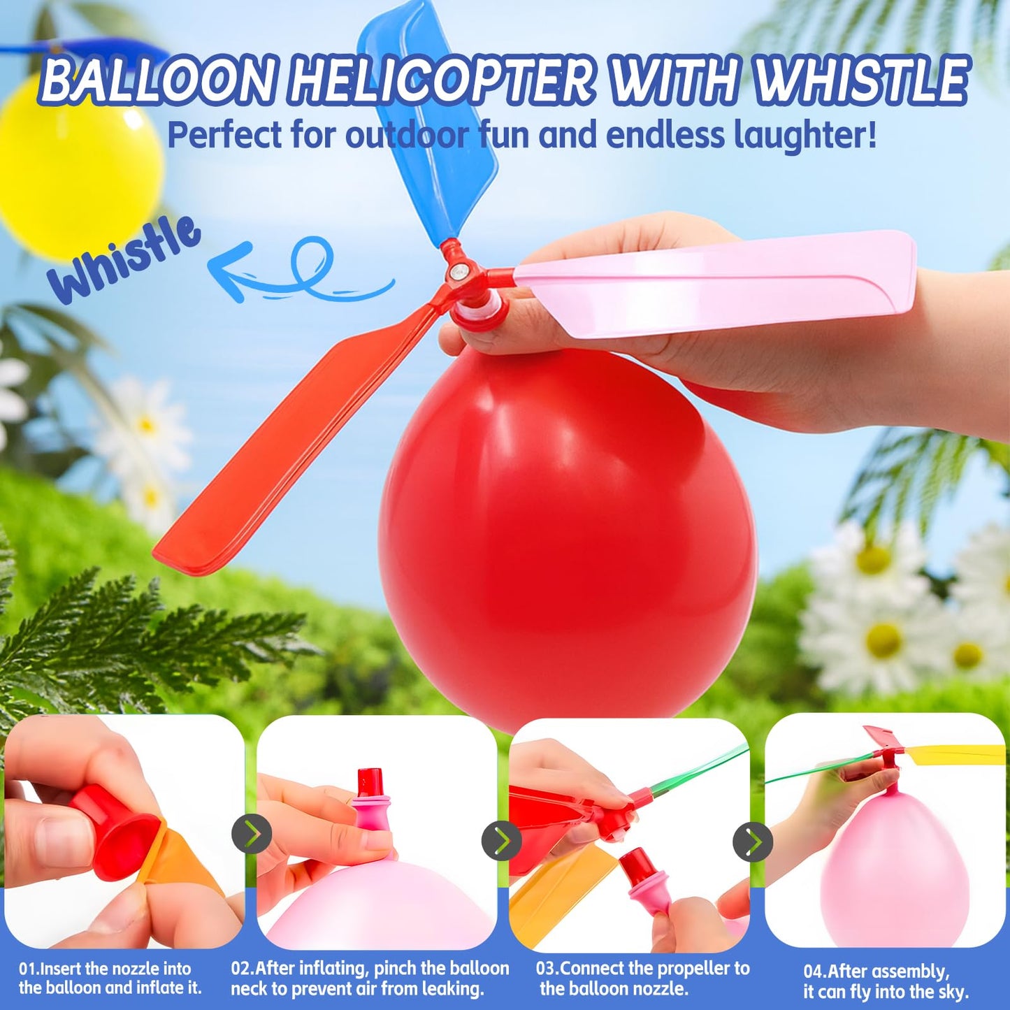 Nautydaddy Rocket Balloons with 2 Pumps 100pcs Whistling Flying Rockets + 5 Helicopter Balloon Toys, Screaming Air Rocket Set for Kids, Outdoor Party Games and Birthday Gifts