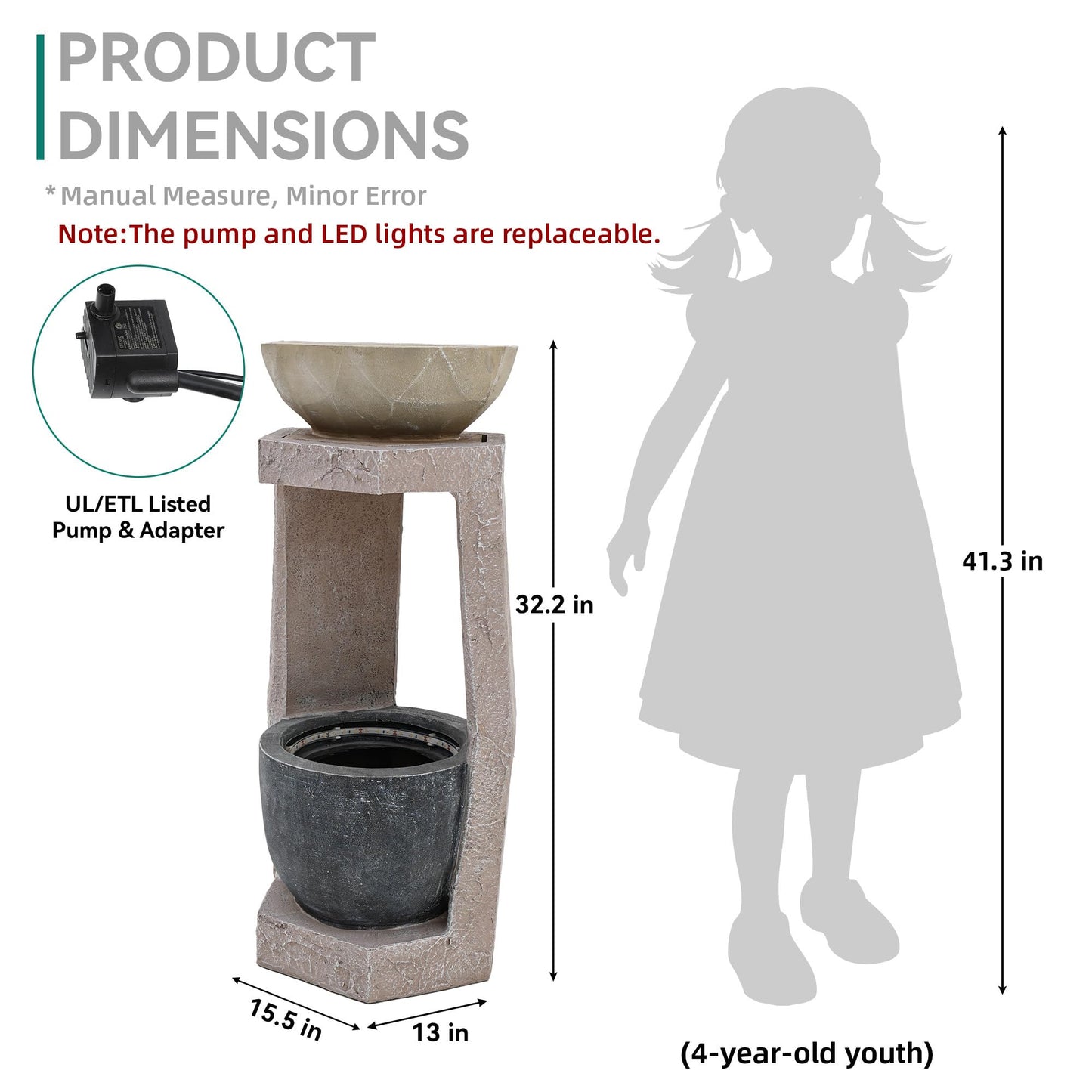Ultym 32" Outdoor Fountain, Modern Geometric Two Bowls Water Feature with LED Lights, Resin Soothing Cascading Waterfall for Patio, Backyard, Garden or Porch