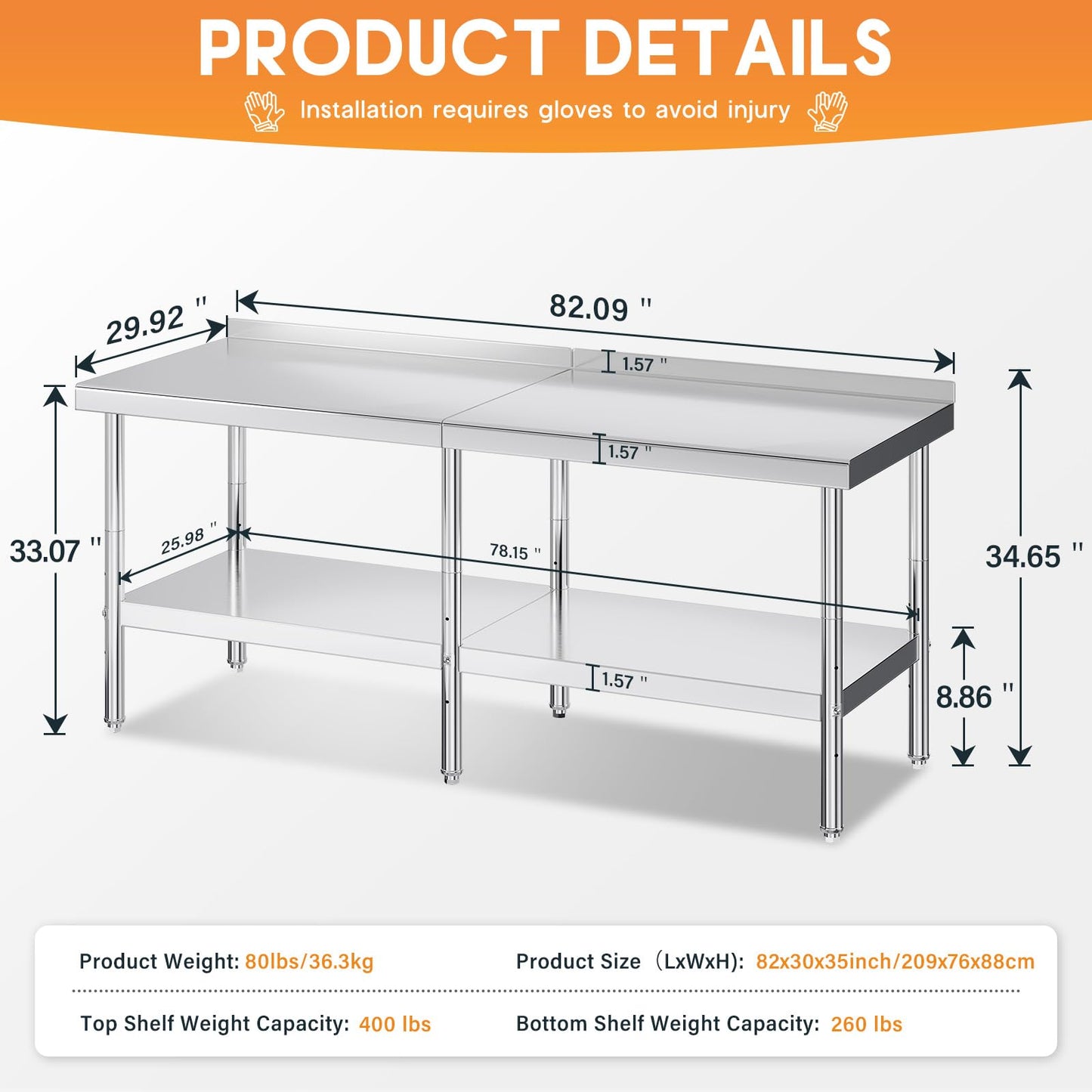 Jocisland 30" x 82" Stainless Steel Table for Prep & Work, NSF Certified with Backsplash, Adjustable Under Shelf & Safe Design for Restaurant, Home and Outdoor