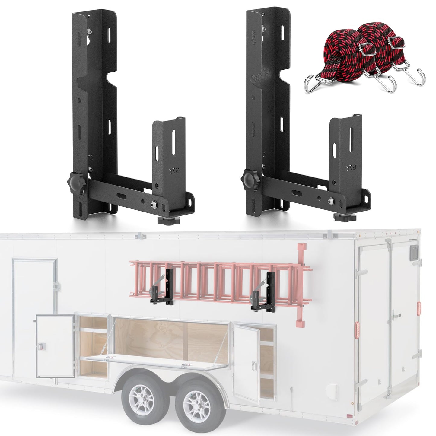 YZONA Side Mount Trailer Ladder Rack, 2PCS Foldable Heavy Duty Steel Racks with 2 straps, Exterior Wall Ladder Storage Holder for Enclosed Trailers, 350 LBS Capacity, Drilling Required
