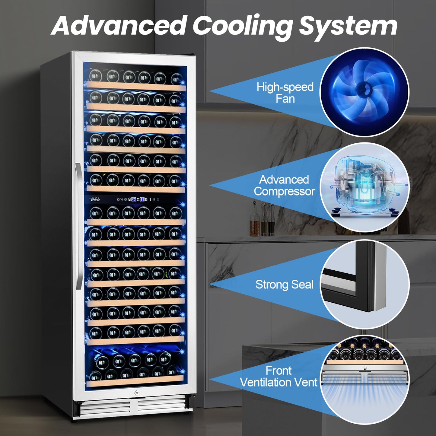 Velieta 180 Bottles Wine Fridge 24 Inch Dual Zone Wine Cooler Refrigerator Freestanding Wine Refrigerator with Glass Door and Safety Lock, Large Wine Cellar for Home, Office, Kitchen