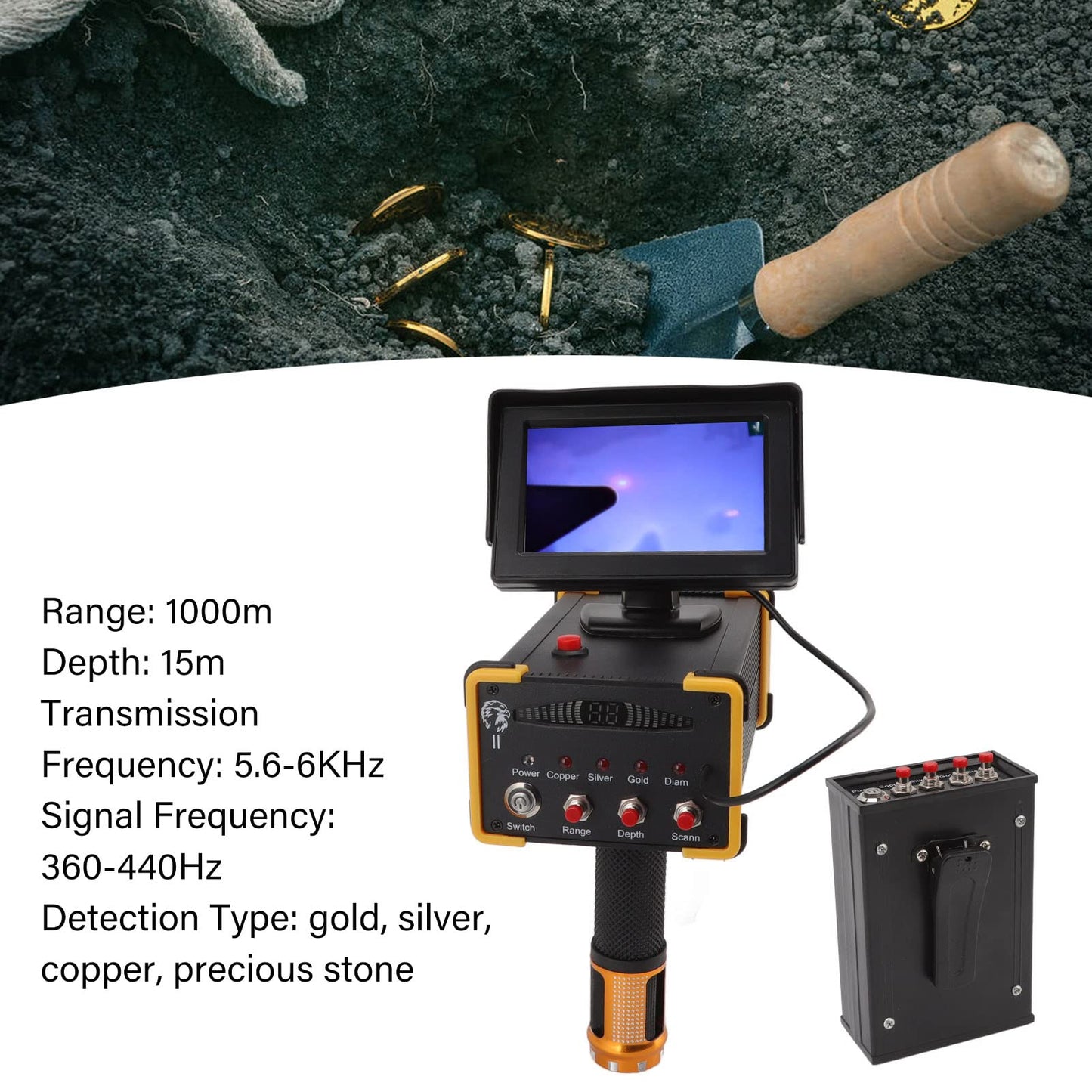 Metal Detector Scanner Device 15m Deep Professional Gold Finder Underground Location Detecting Identifying Machine with Search Range 1000m 100‑240V (US Plug)