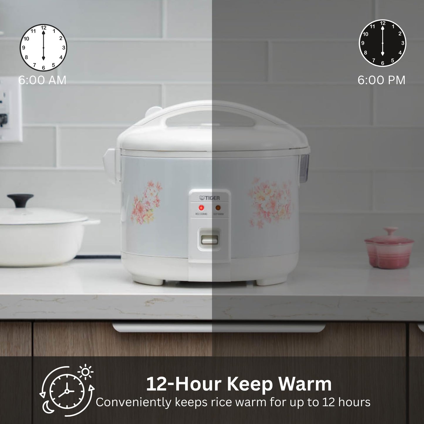 Tiger JNP-1800-LF 10 Cup Capacity White Rice Cooker with Non-Stick Inner Pot, Retractable Power Cord, and Keep Warm up to 12 hours (Flower)