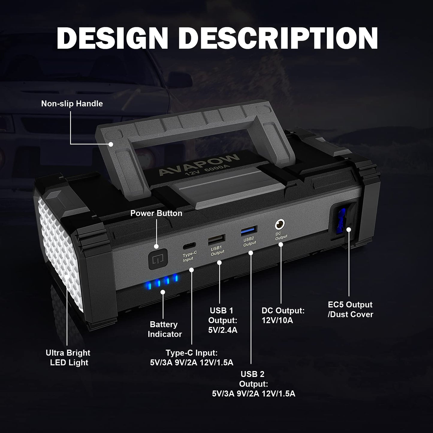 Avapow A68 Jump Starter 6000a with Avapow Wall Charger 18W for Jump Starter Charging or Phone Charging