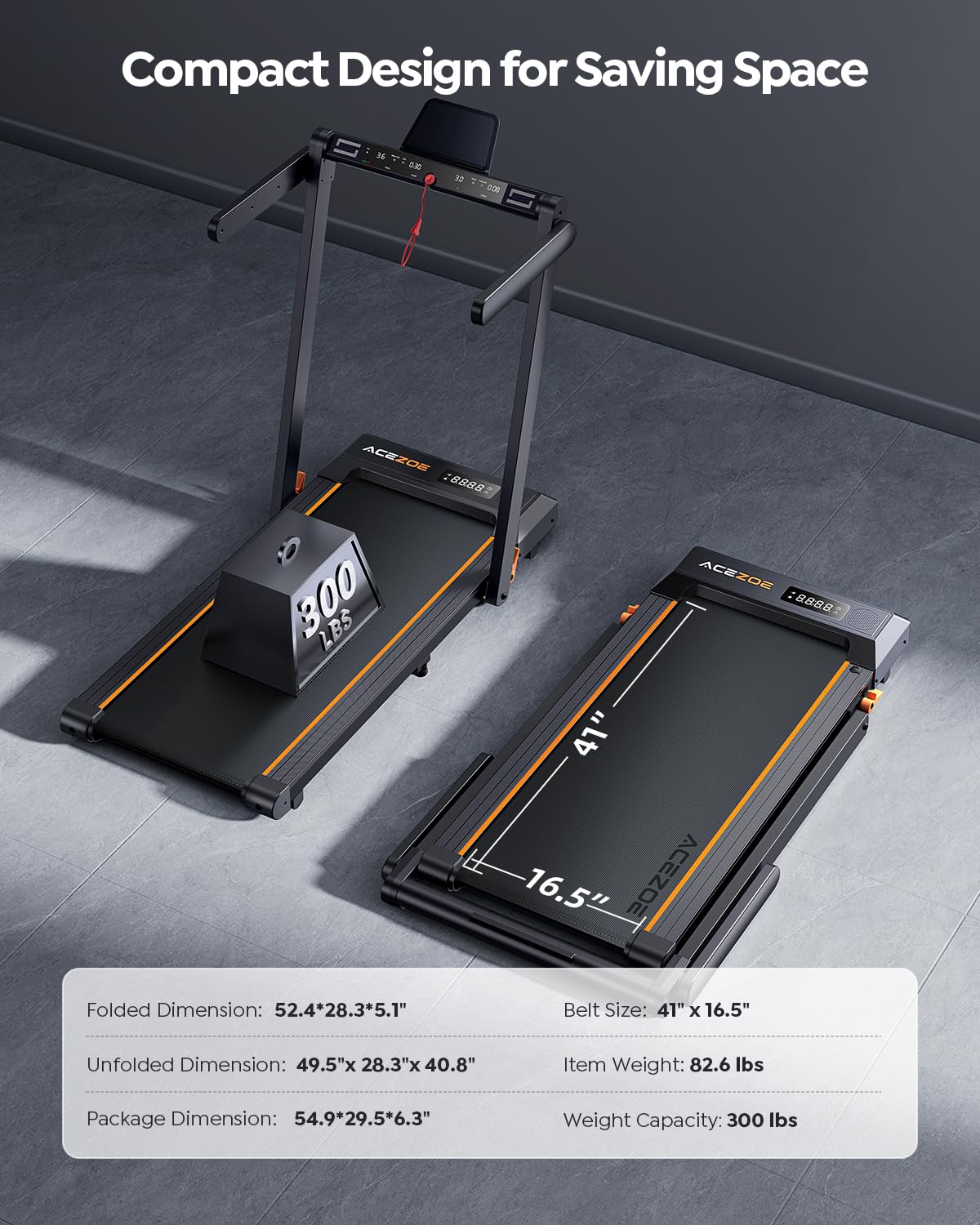 Acezoe Foldable Treadmill with 10% Incline, 2.5HP Walking Pad with Handle Bar, 300 lb Capacity Treadmills, Under Desk Treadmill with App & Bluetooth Speaker, 0.6-10MPH, LED, P10Pro Black Orange