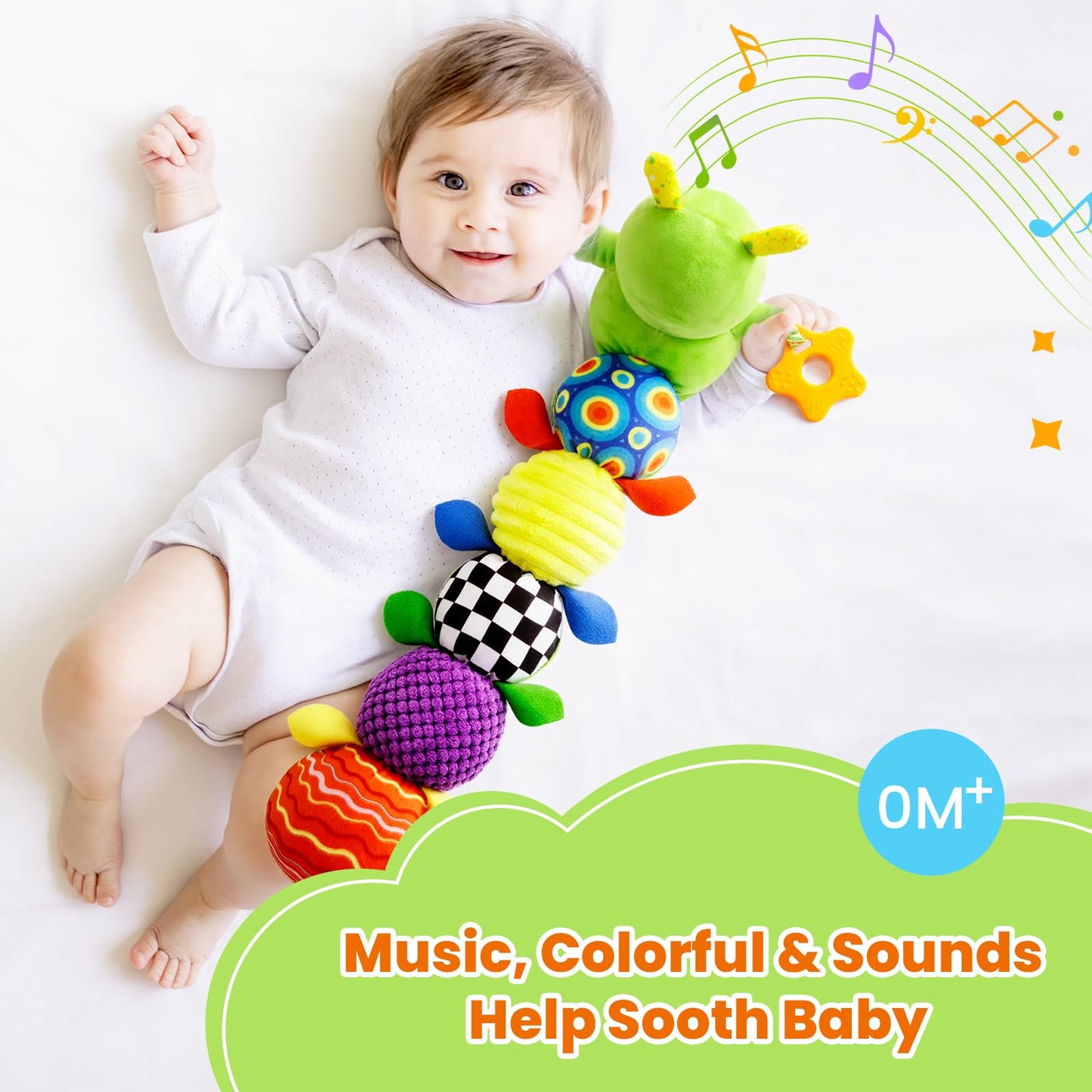 gogonova Baby Musical Caterpillar Toy 0-12 Months, Washable Teething Rattle with 10 Kids Songs, Infant Tummy Time Toy for Newborn Boys Girls (Green)