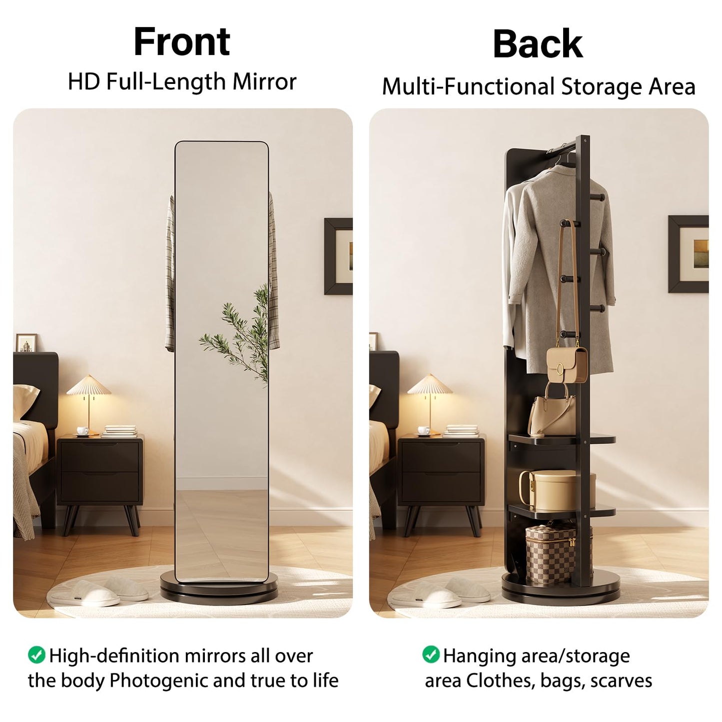 AnywaysWood Full Length Mirror with Stand,Mirror Coat Rack,65.7 ''×15.8 ''Floor Mirror for Bedroom, Living Room, Dressing Room (Black)