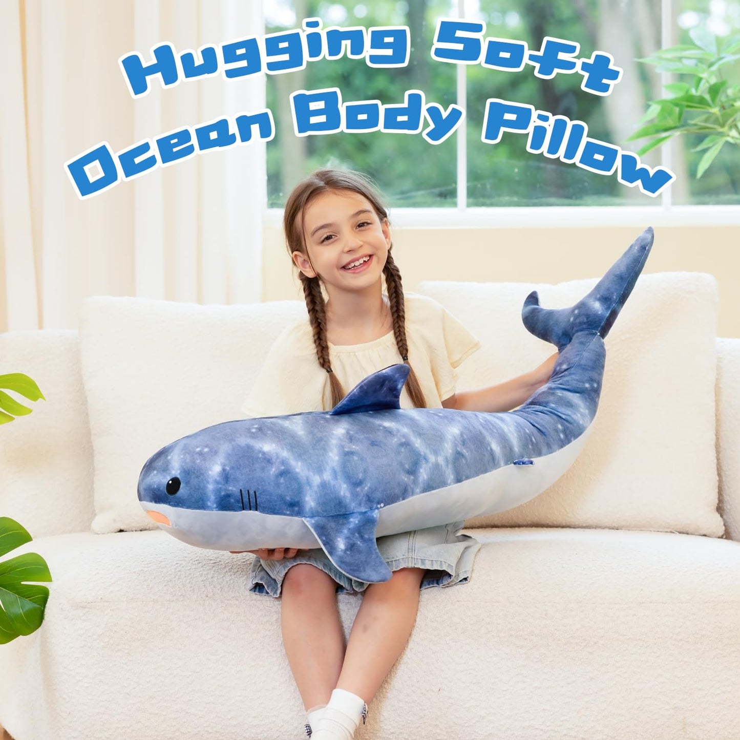 Tezituor 4ft Giant Whale Shark Stuffed Animal, S-Shape Stuffed Shark Plush Toy for Boys Girls, Hugging 47inches Soft Long Ocean Whale Shark Plush Body Pillow for Sleeping