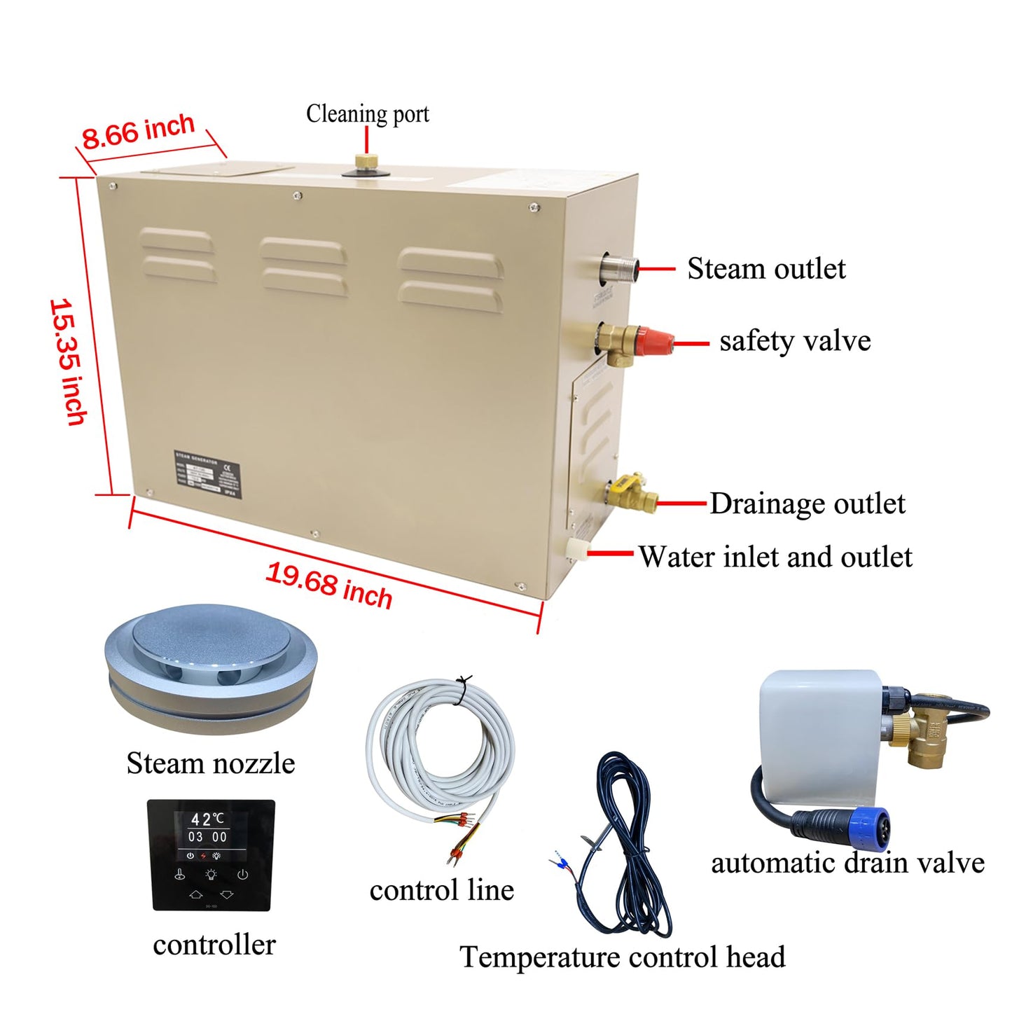 JJFFTAO,Steam shower generator,15kw Household-Commercial,Steam shower generator kit,with self-draining system,Temperature adjustable 95-131°F,Applicable space 420～560ft3
