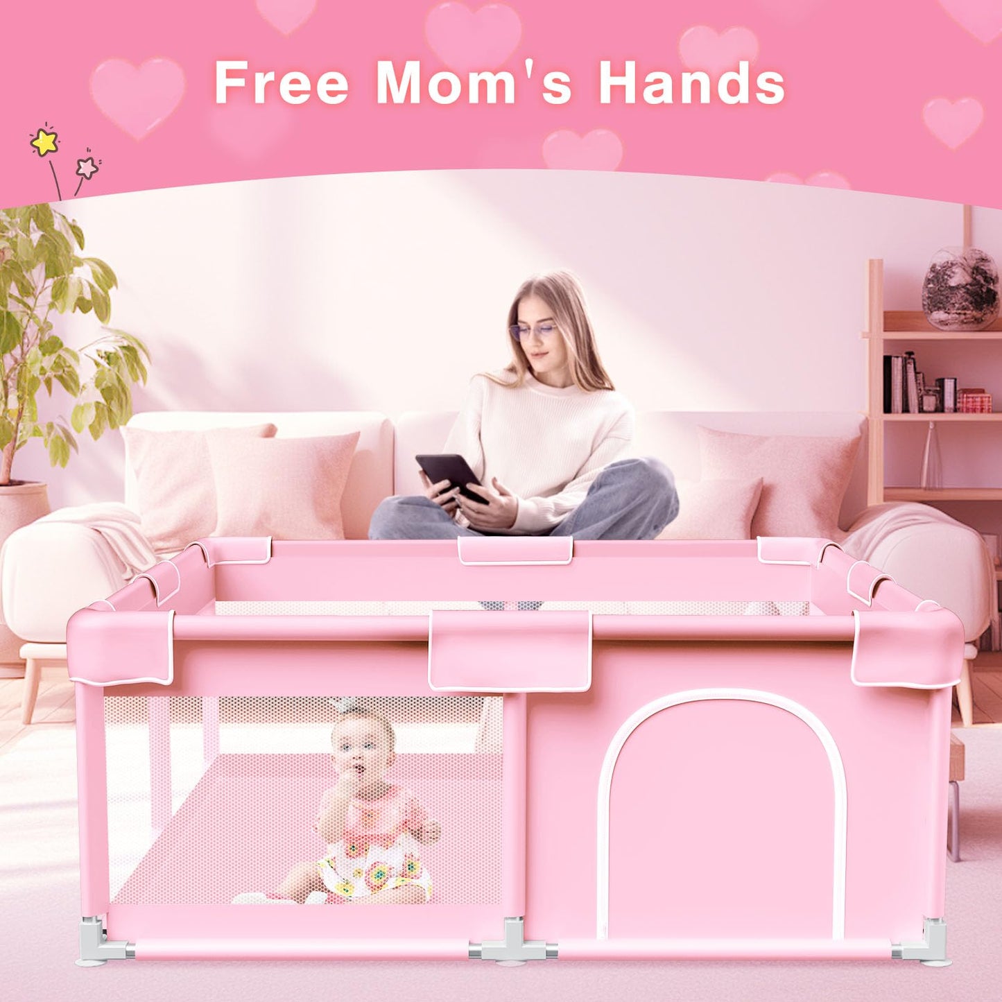 Pink Baby Playpen 50x50 Inches Playpen for Little Princess Play Yards Indoor & Outdoor Sturdy Safety Baby Girls Play Pen with Soft Breathable Mesh Toddlers Activity Center with Anti-Slip Base