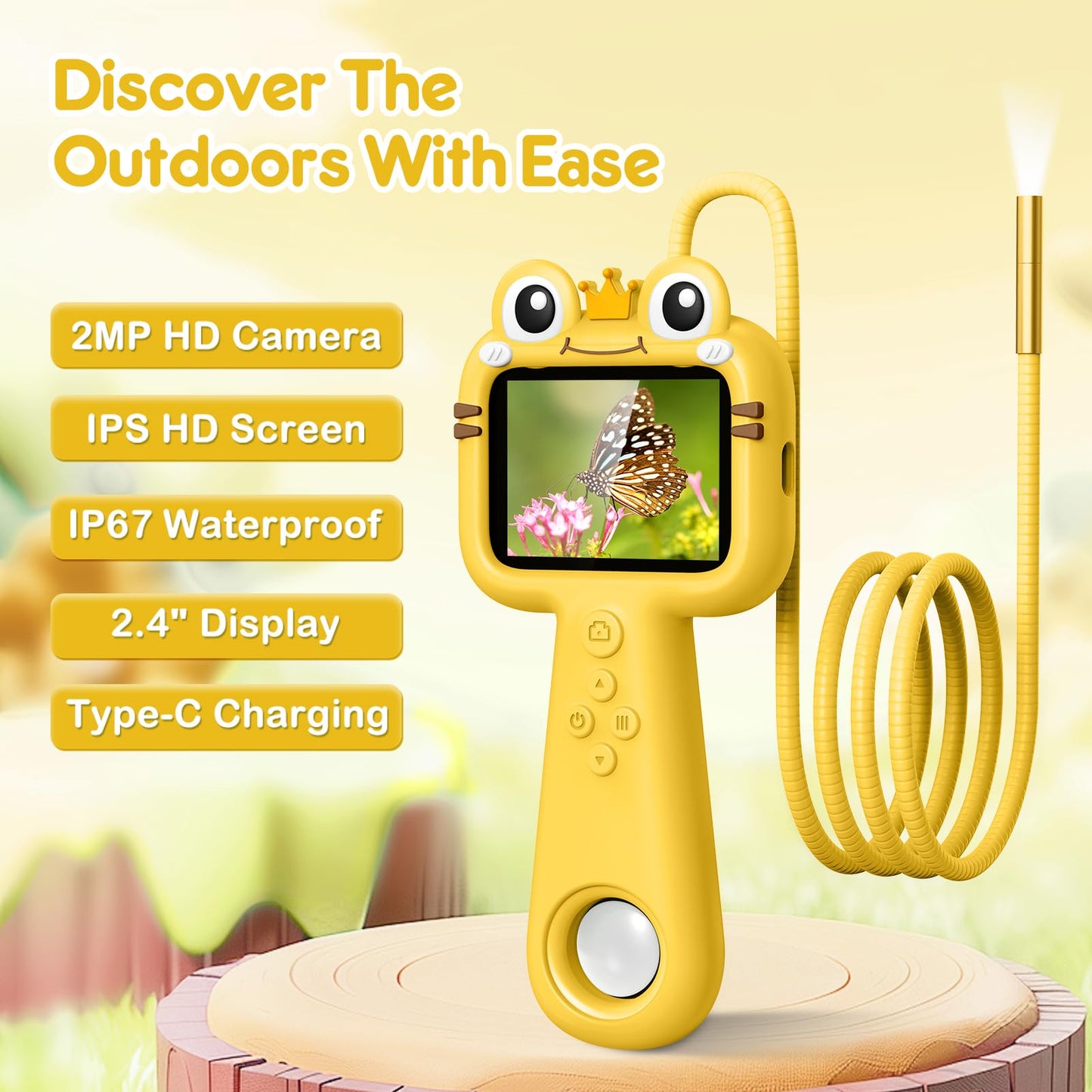 Toy Borescope Camera with Ligh for Kids - Ourdoor Educational STEM Toy Gift for 4 5 6 7 8 9 10 Years Old Boys Girls Birthday, Kids Toy Camera for Outdoor Adventures & Nature Discovery (Yellow)