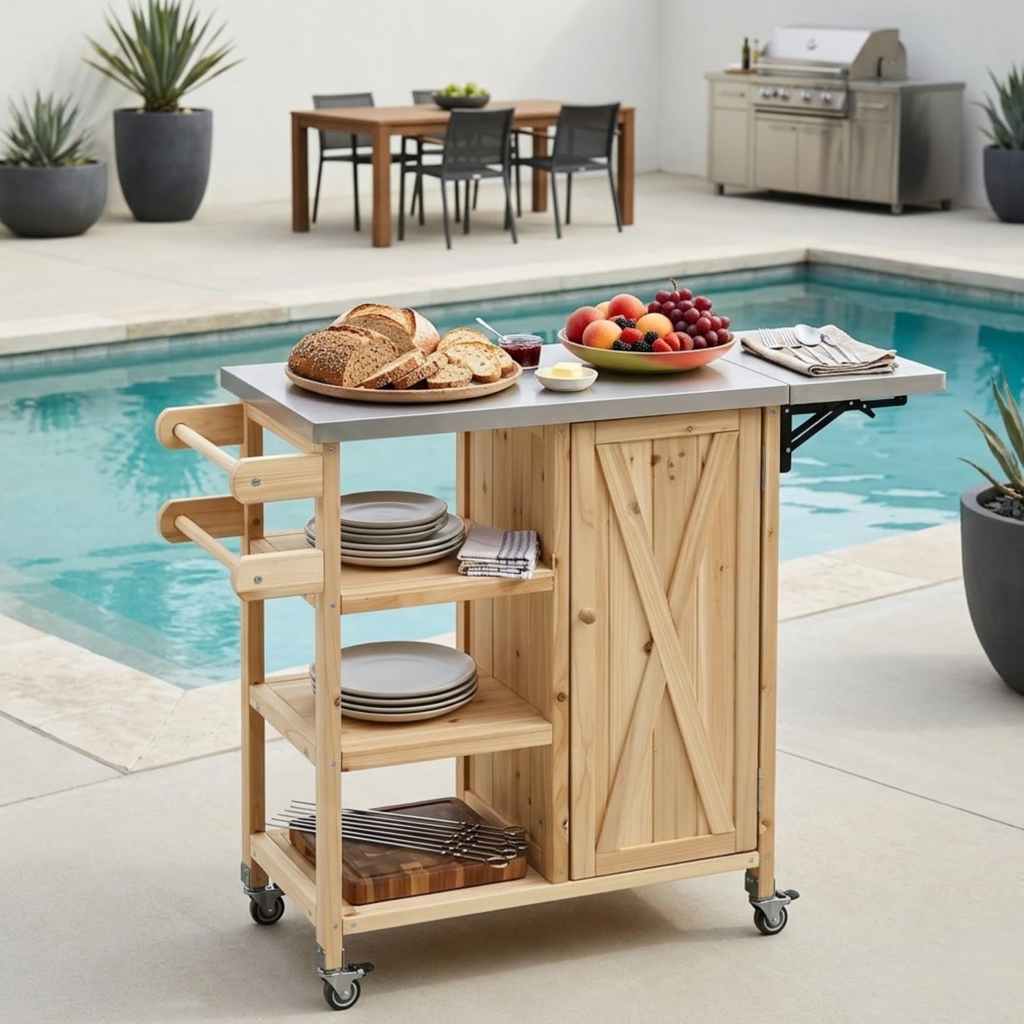 Casaphoria Outdoor Grill Cart with Folding Stainless Steel Tabletop,40" x 15" Rolling BBQ Prep Station & Kitchen Island, Wood Garden Table with Storage Cabinet and Towel Rack,Natural Finish