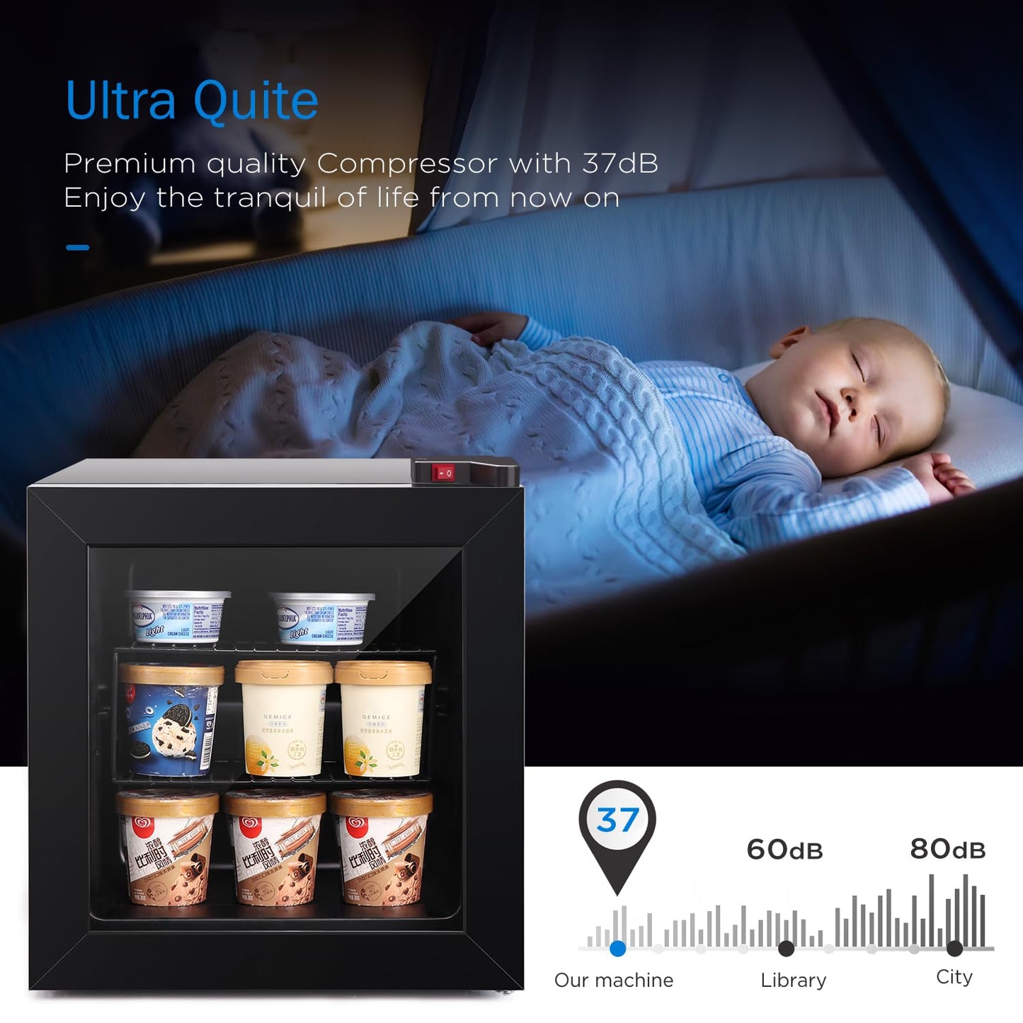 ADT Mini with Display Glass Door 1.1 Cu Ft Small Freezer with 2 Removable Shelves 7 Temperature Settings -8°F to 14°F Perfect for Liquor and Ice Cream