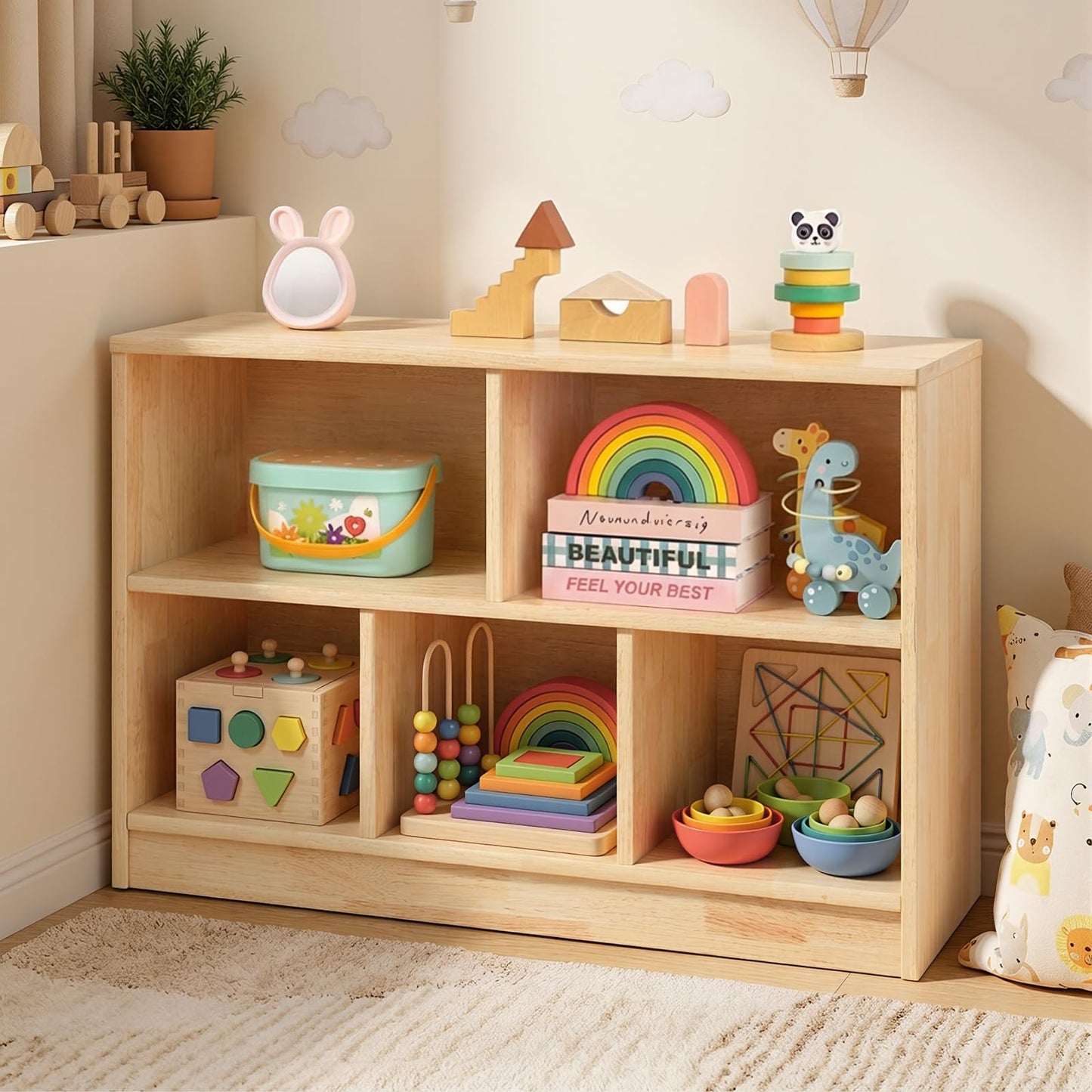 PTINFLUCE Rubber Wood Montessori Shelf, Wooden Toy Storage Organizer for Books Toys, 2 Shelf Bookcase, 5-Section Storage Cabinet, Toddler Book Shelf for Kids Rooms, Playroom, Nursery, Kindergarten