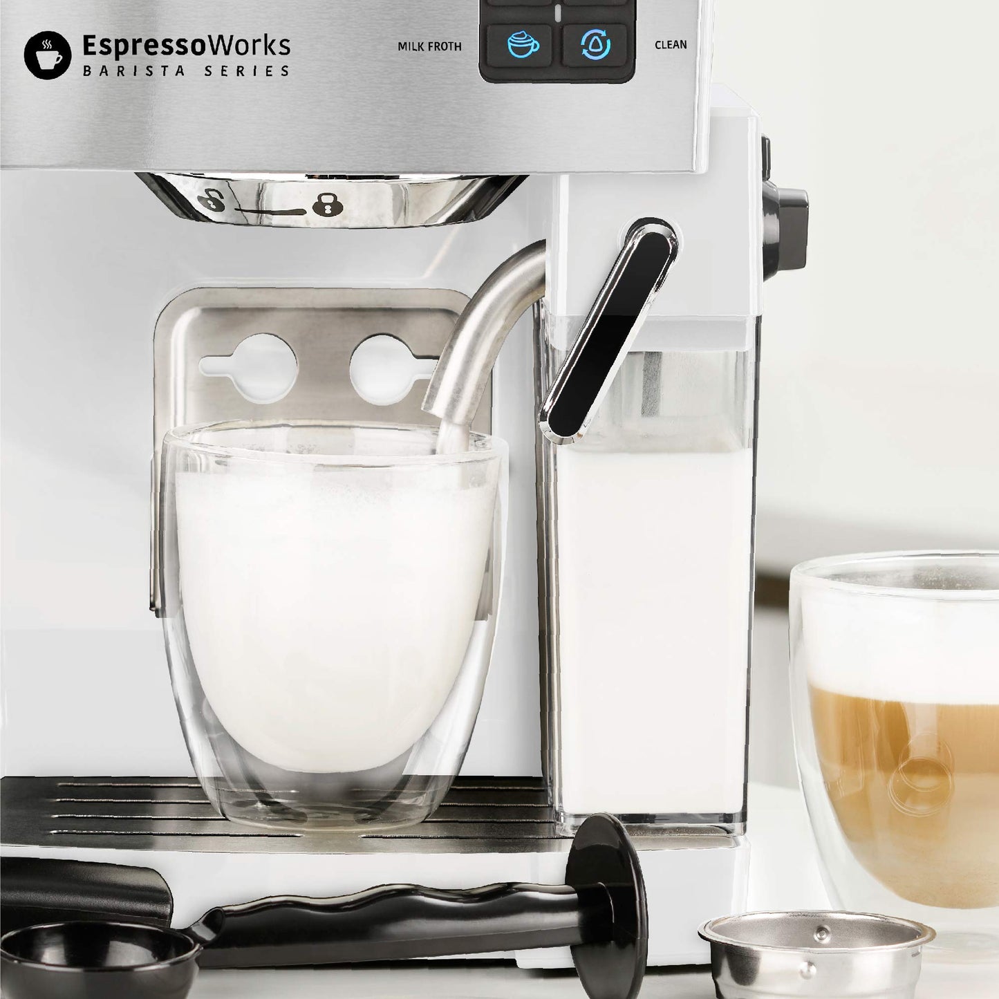 EspressoWorks 19-Bar Espresso, Latte and Cappuccino Maker 10-Piece Set - Brew Cappuccino and Latte with One Button - Espresso Machine with Milk Steamer 1250W - Coffee Gifts (White)
