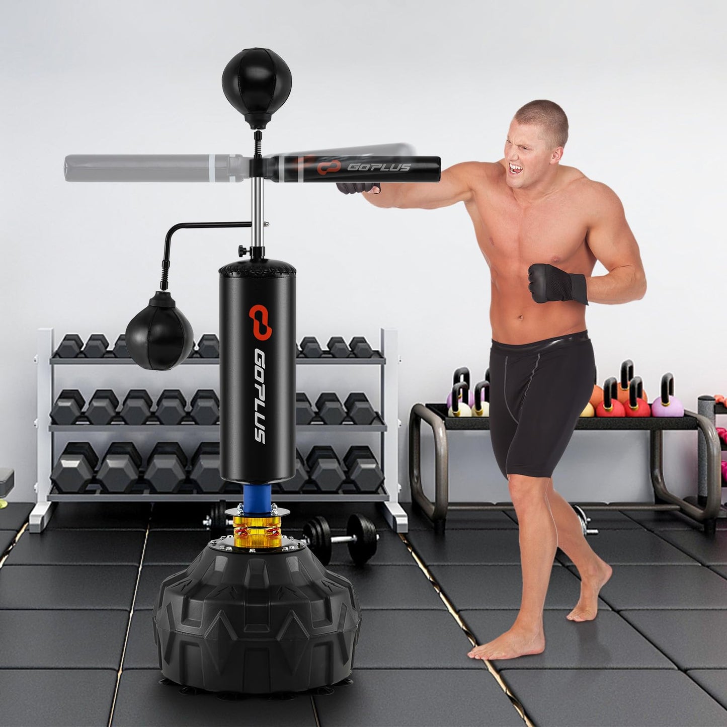 Goplus Boxing Speed Trainer, Freestanding Punching Bag 360° Spinning Bar with 2 Reflex Speed Balls, Shock Absorbers, Fillable Base, Height Adjustable Boxing Training Equipment for Teens Adults