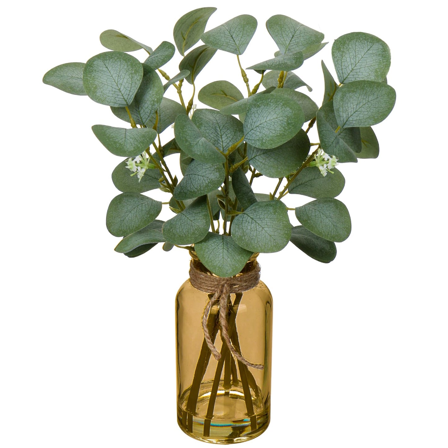 Briful Artificial Eucalyptus Stems in Black Glass Vase with Faux Water, 14" Fake Plant Eucalyptus Leaves for Home Office Farmhouse Wedding Centerpiece Décor