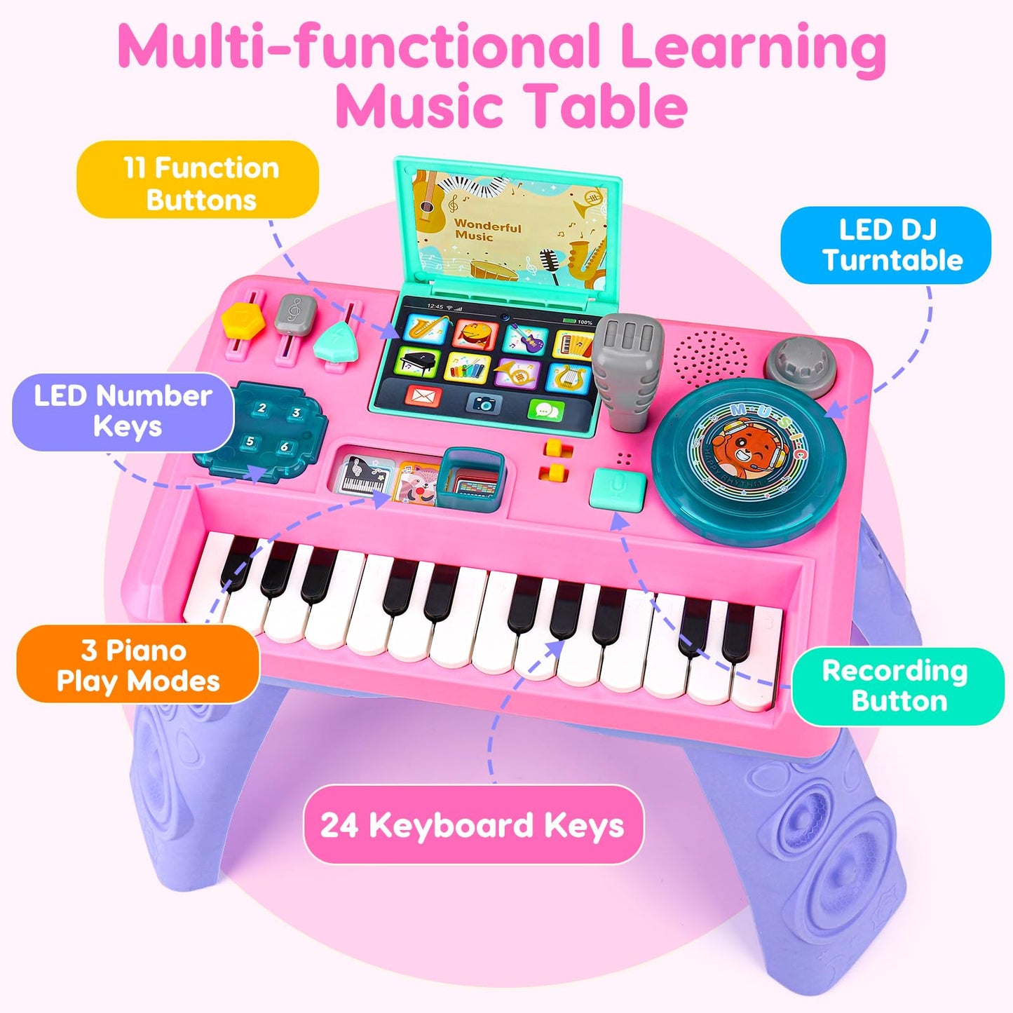 Baby DJ Table for Toddlers 1-3 with Music & Light, Musical Baby Piano Toys 6-9-12-18 Months Toddler Activity Table Music Instruments Learning Toys for 1 Year Old Girl First Birthday Gifts Age 0-2