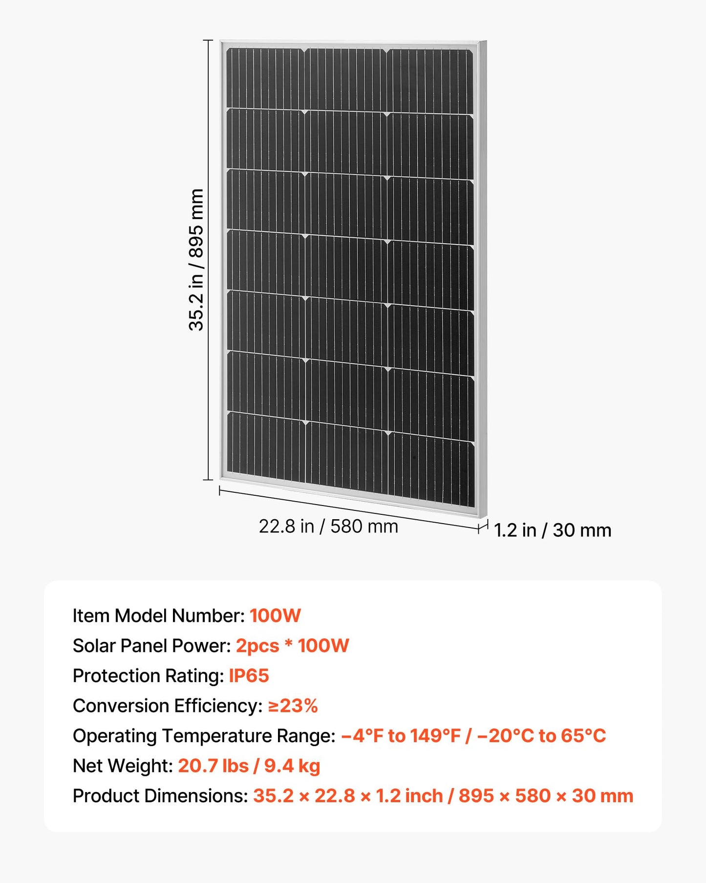 VEVOR 2PCS 100W Monocrystalline Solar Panels, 23% High-Efficiency Mono PV Module with Stable MC4 Output & Aluminum Frame, IP65 Waterproof Solar Panel for Car Boat RV Flat Rooftop Off-Grid Applications