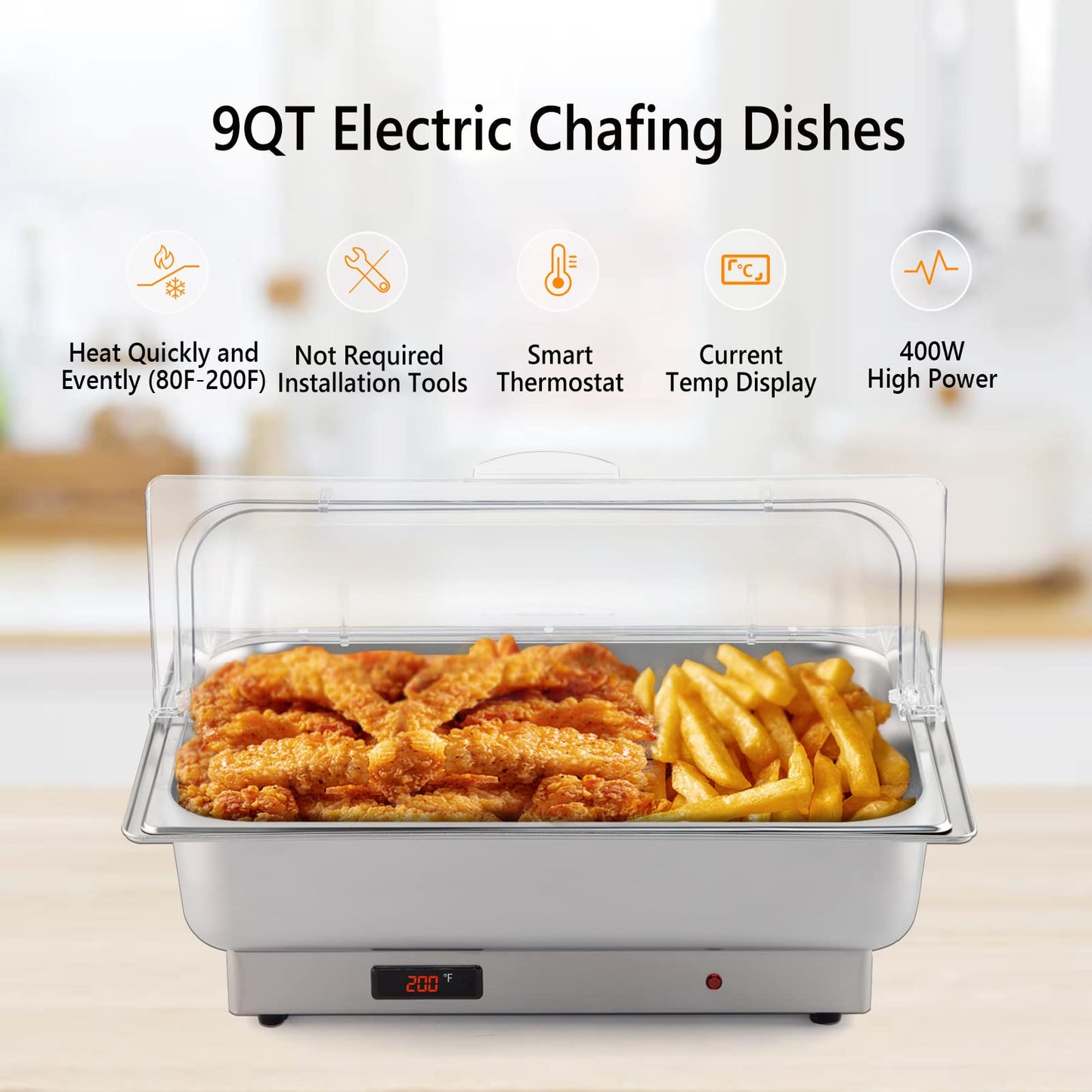 ROVSUN 2 Pack Electric 9 QT Stainless Steel Chafing Dish Buffet Set, NSF Roll Top Catering Chafer Server Food Warmer with Full Size & 2 Detachable Food Pans,Transparent PC Lid for Party Wedding