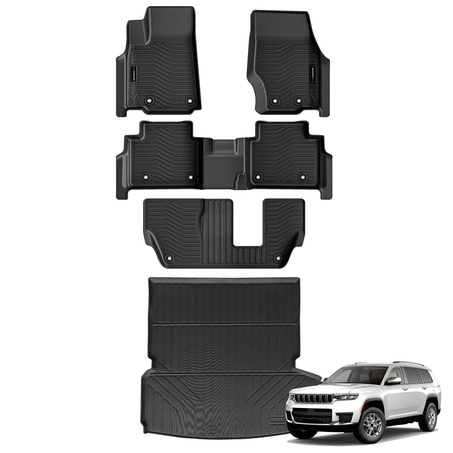 Auxko All Weather Floor Mats & Cargo Mat & Backrest Mat Fit for Jeep Grand Cherokee L 7 Seat (2nd Row Bench Seat) 2026 2025-2021 Liner Trunk Mat Accessories Odorless Black