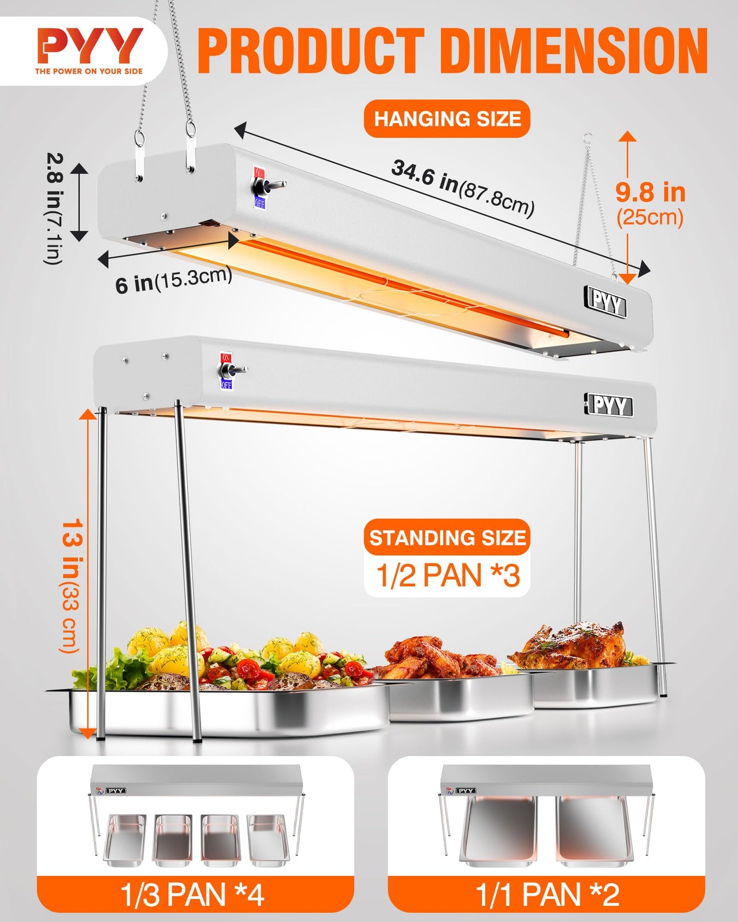 PYY Food Heat Lamp - 35 Inch 86-176°F/30-80°C Aluminum Overhead & Hanging Food Warmer Lamp Strip Food Warming Lamp Heater Electric Commercial Food Heat Lamp for Catering Kitchen Restaurant Buffet 750W