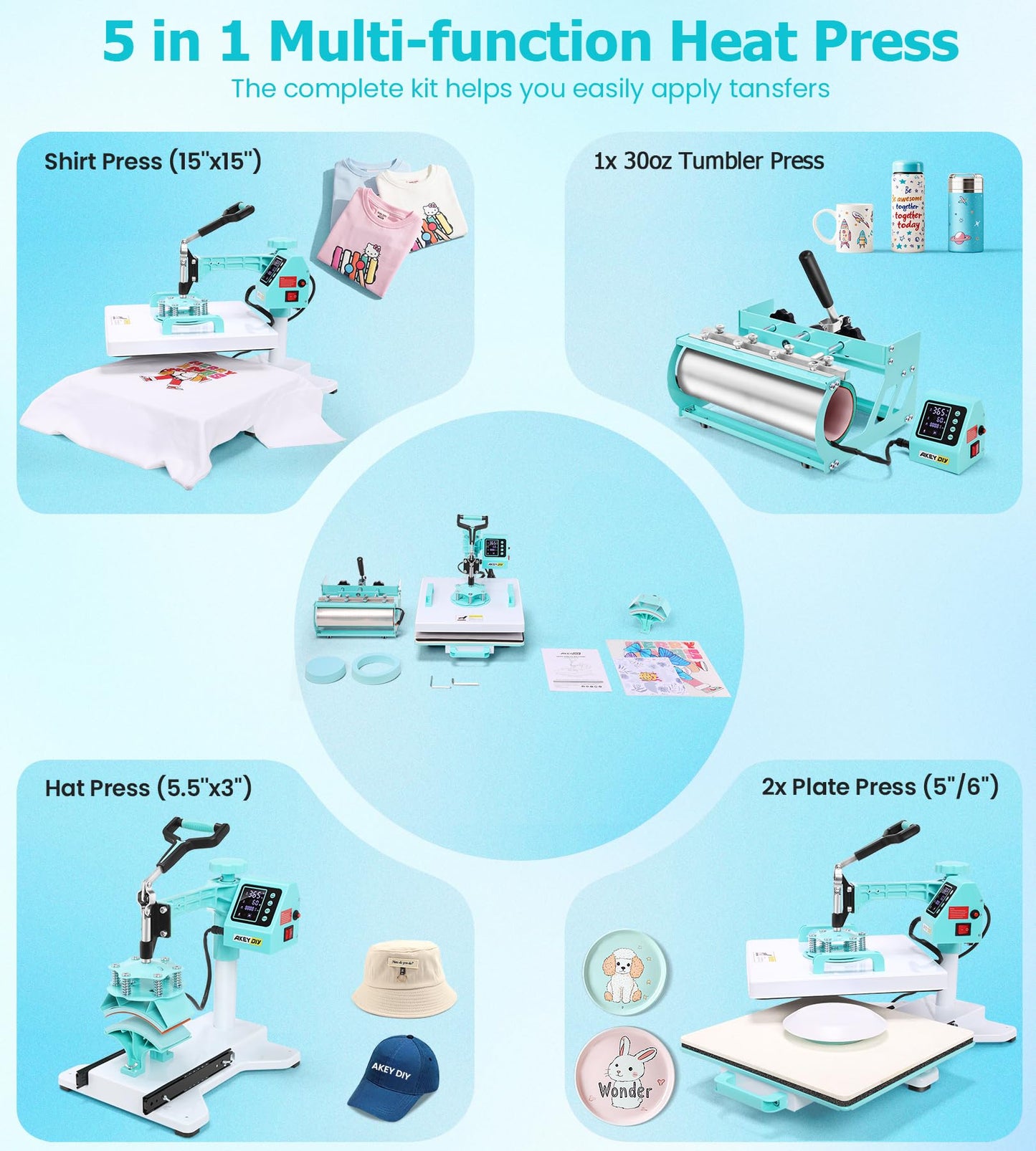 AKEYDIY Heat Press 15x15 inch 5 in 1 with 30OZ Tumbler Press, 360° Swivel Away Slide Out Digital Shirt Press Machine, Industrial Heat Transfer Machine Sublimation for T-Shirt