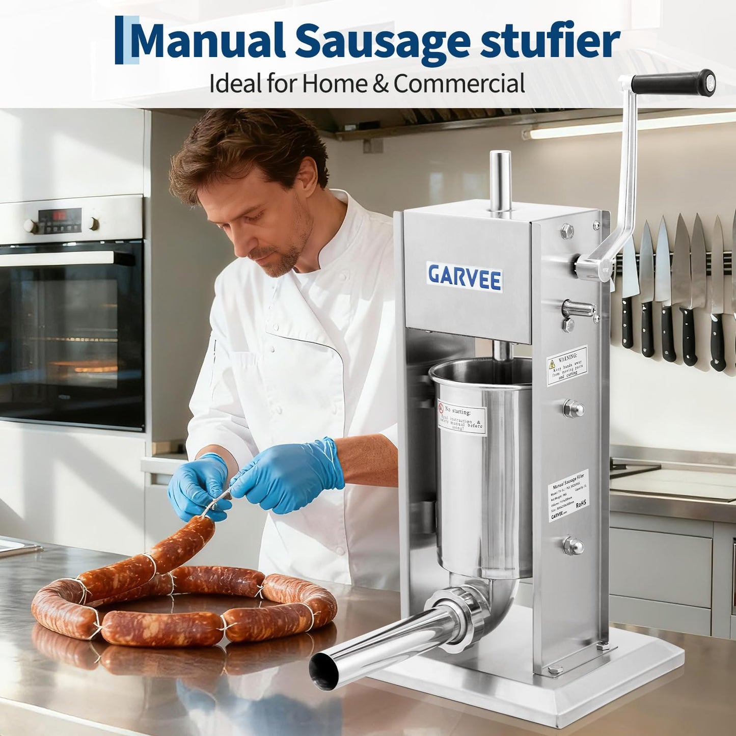 Garvee 7LB/3L Sausage Stuffer - 304 Stainless Steel Manual Sausage Maker with 2-Speed Gear & Torque Adjustment - Includes 5 Filling Tubes & Cleaning Kit for Home and Commercial Use