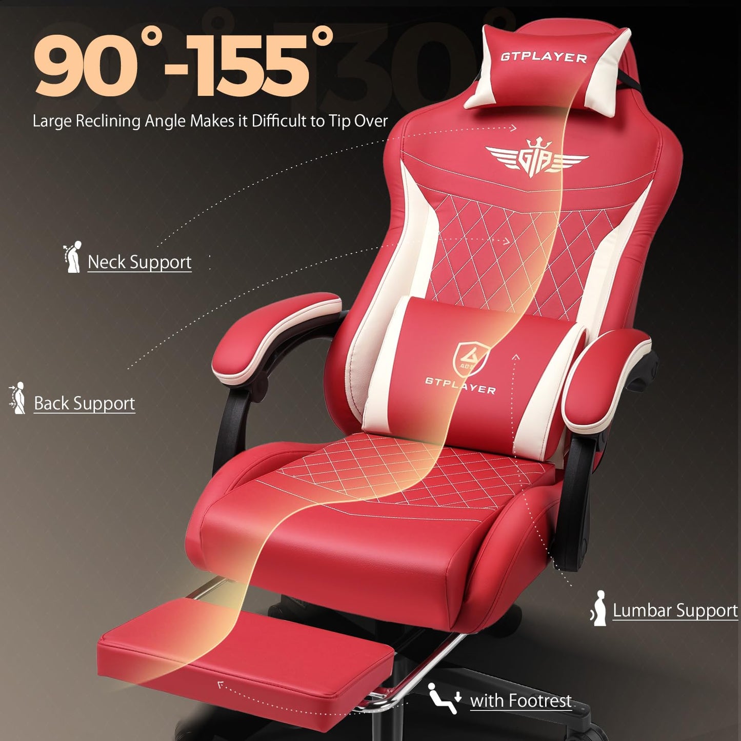 GTPLAYER Gaming Chair with Footrest, Big and Tall Game Chair High Back Computer Office Chair with Lumbar Support for Adults, Ergonomic Swivel Games Chair with Cushion Gaming, Leather Red