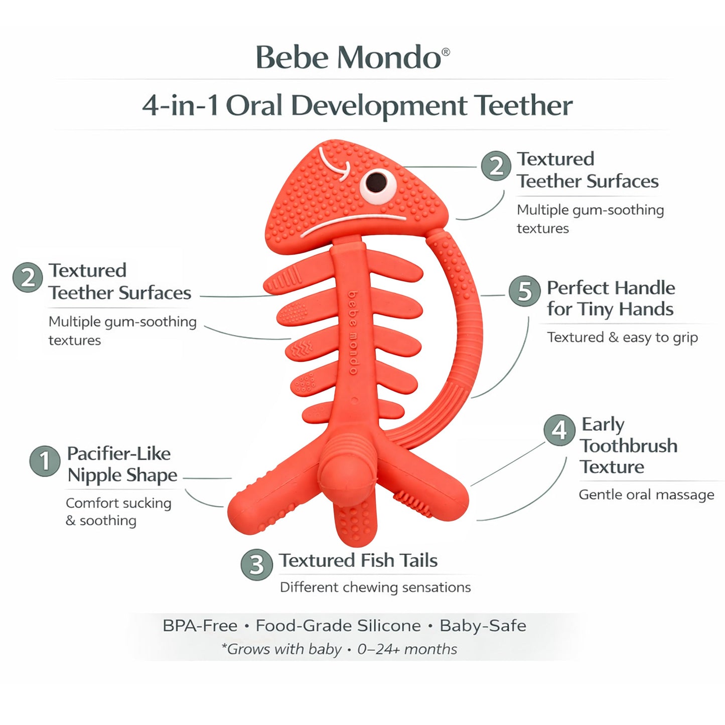 3 in 1 Infant Toys, Baby Teething Toys 3–6 6–12 Months, Teethers for Babies 0–3–6–12 Months for Teething Relief, Baby Gift, Baby Teether Toys, Silicone Sensory Toys, USA Patent Pending, Fish (Coral)